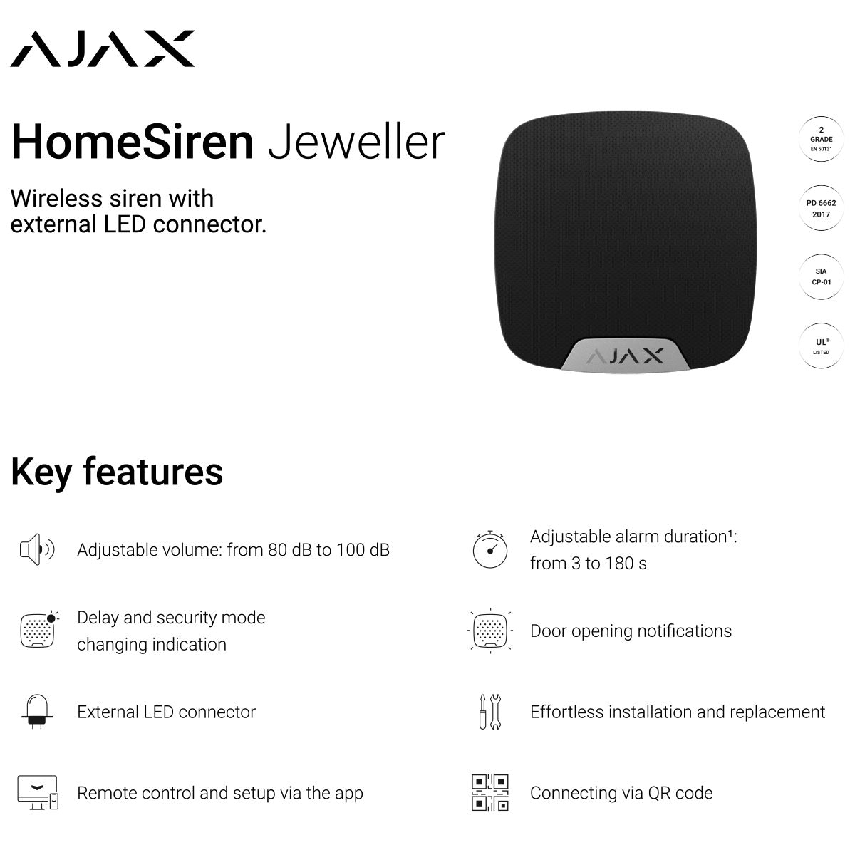 Ajax HomeSiren Jeweller wireless indoor siren in black with external LED connector, key features and smart security functions shown.