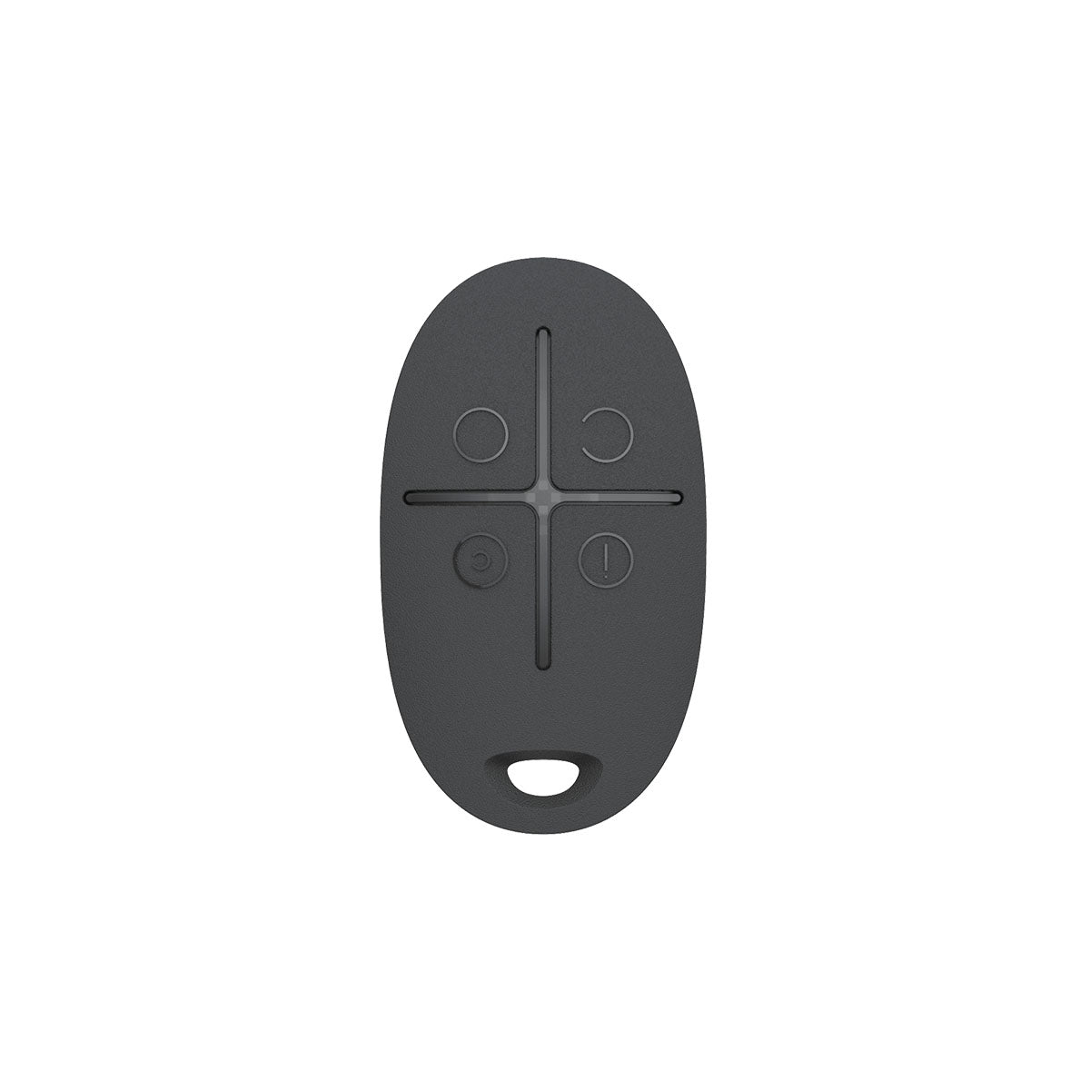 Ajax SpaceControl black 4-button remote front view, compact key fob for arming, disarming, and panic alarm control in Ajax systems.