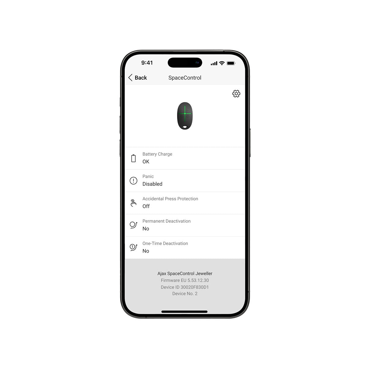 Ajax SpaceControl 4-button remote black shown in mobile app view with battery status, panic mode, and device settings displayed.
