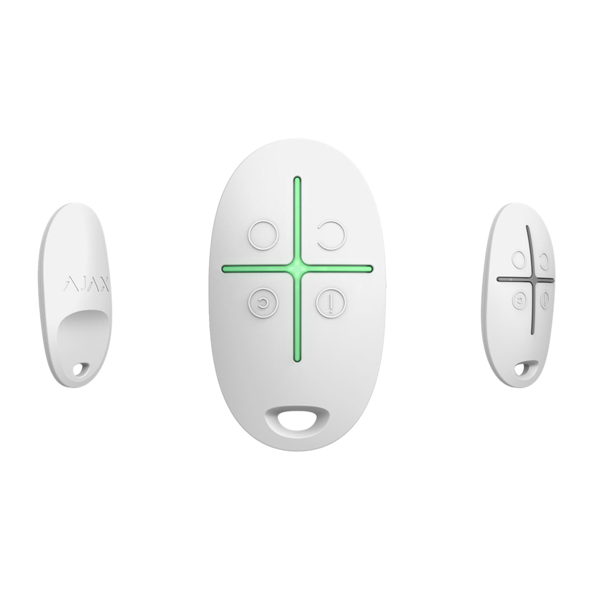 Ajax SpaceControl white 4-button remote with LED indicator, shown in multiple angles for easy wireless security system control.