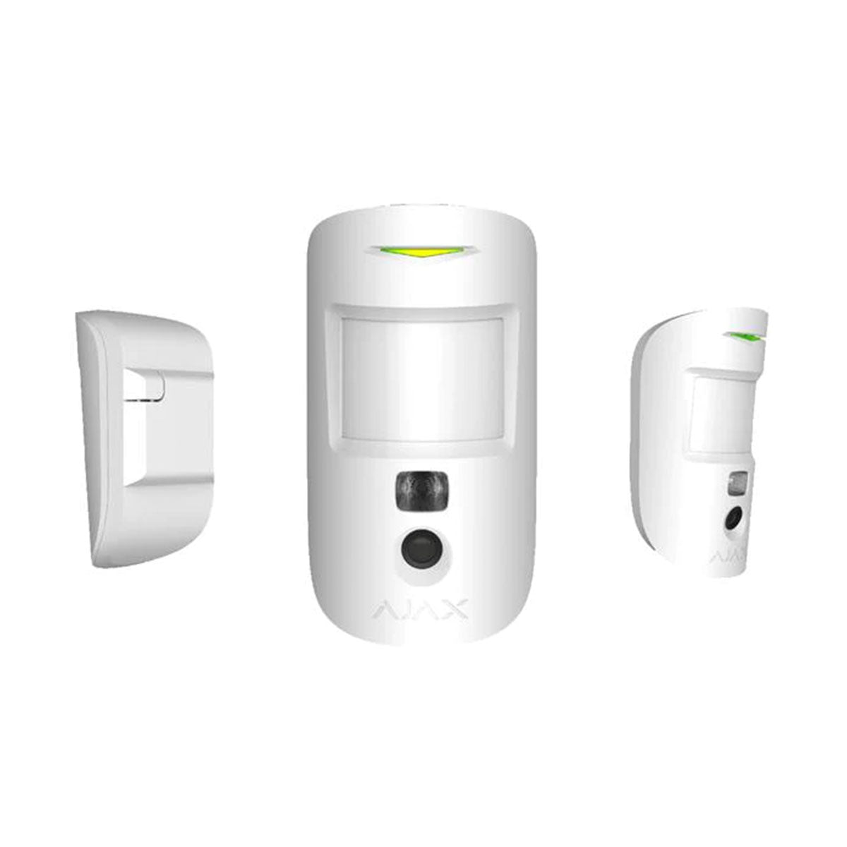 Ajax Wireless Indoor MotionCam sensor in white, showcasing front, side, and mounting angle views.
