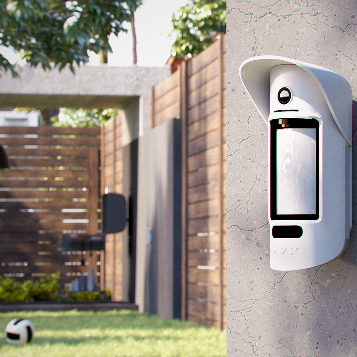 Ajax wireless motion camera designed for outdoor security, mounted on exterior wall with a protective cover.