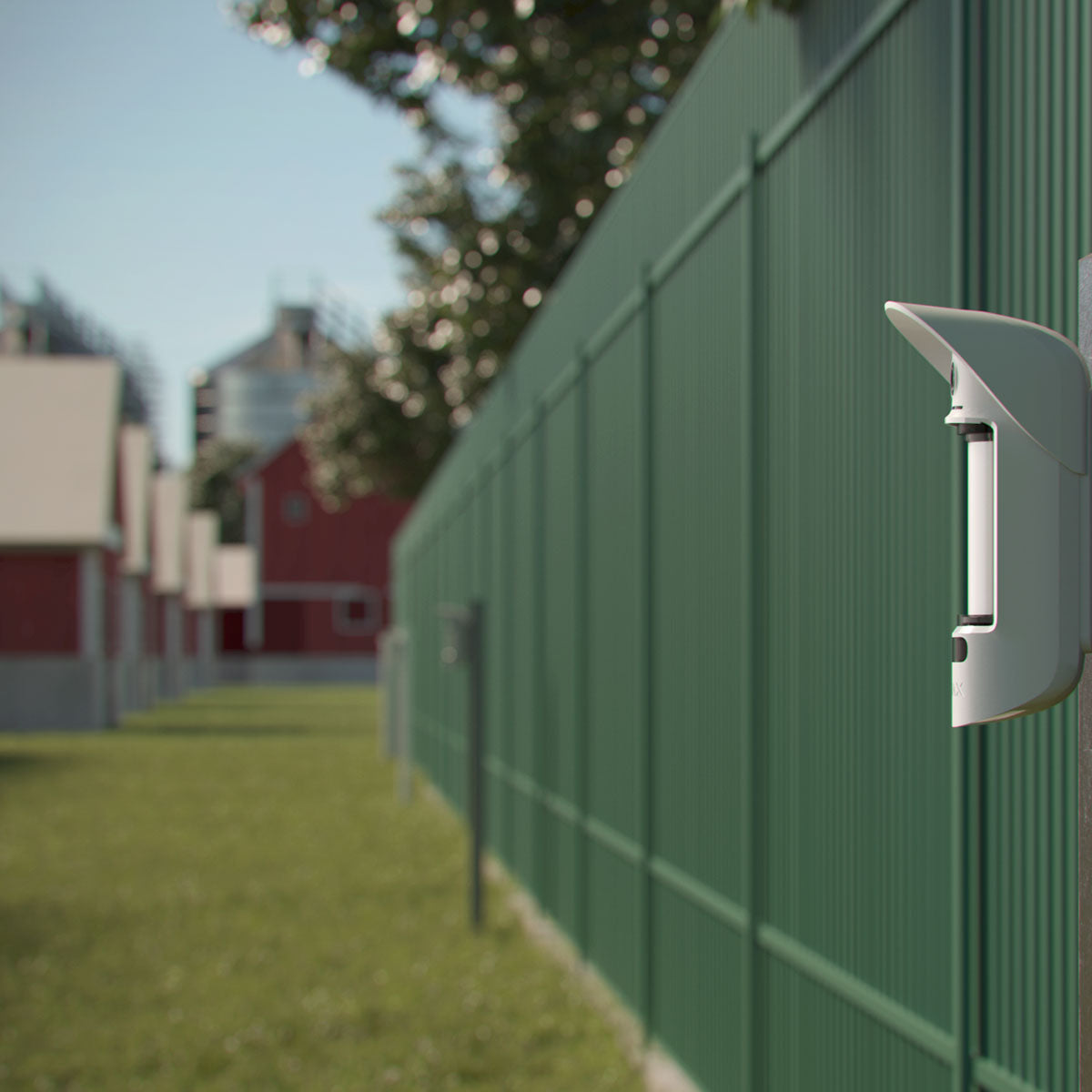 Lifestyle Image of device mounted on fence for property protection.