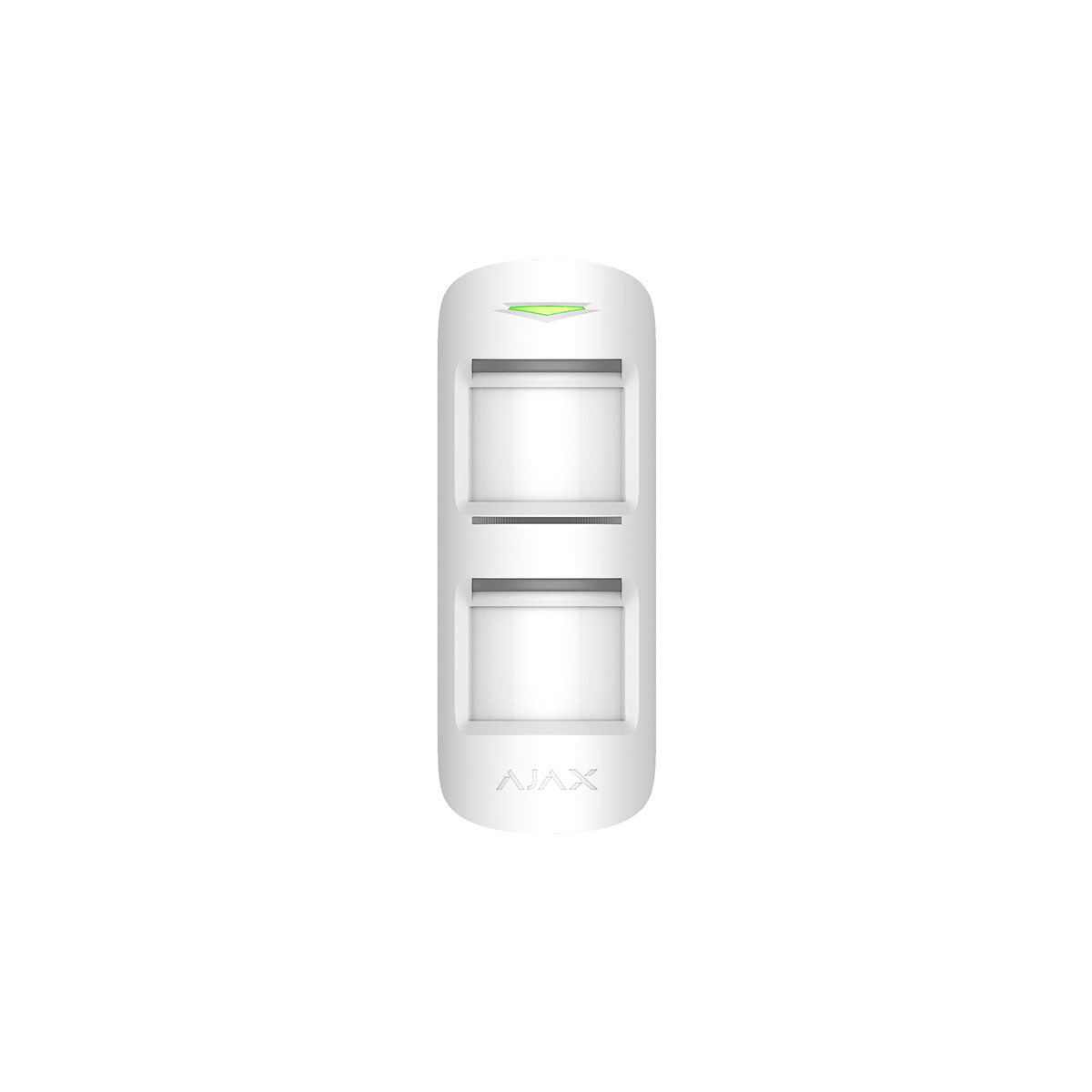 White Ajax wireless MotionProtect outdoor sensor with dual PIR detectors, front view, designed for smart home security systems.