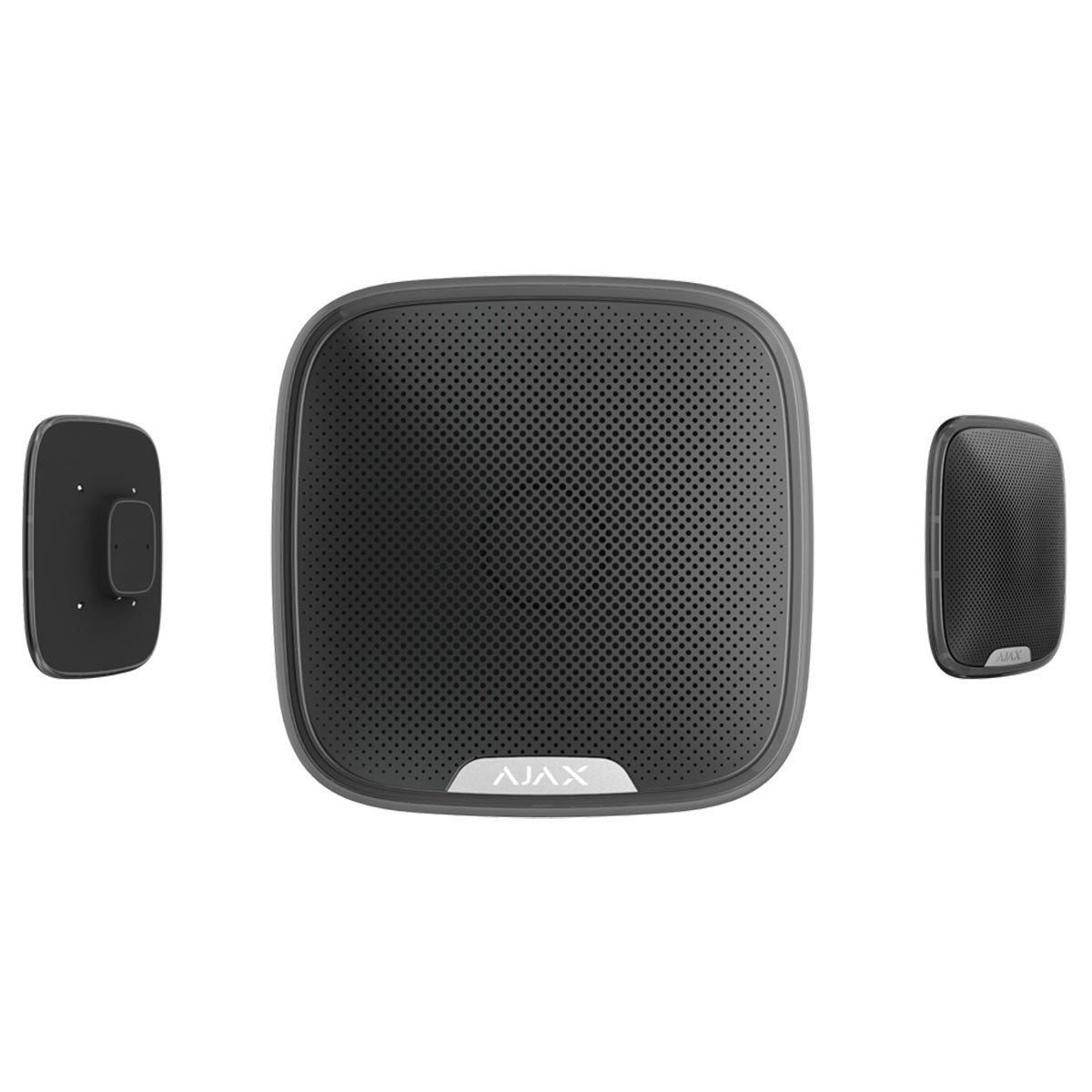 Ajax wireless outdoor 113dB StreetSiren in black, multiple angle views highlighting sleek design and durable weather-resistant build.