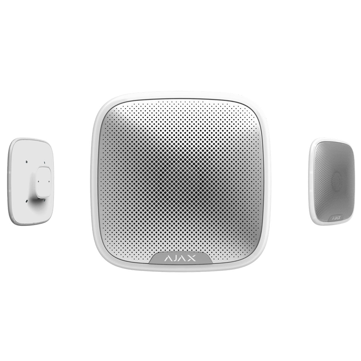 Ajax wireless outdoor 113dB StreetSiren in white, angle views showing front, side, and mounting plate for home security systems.