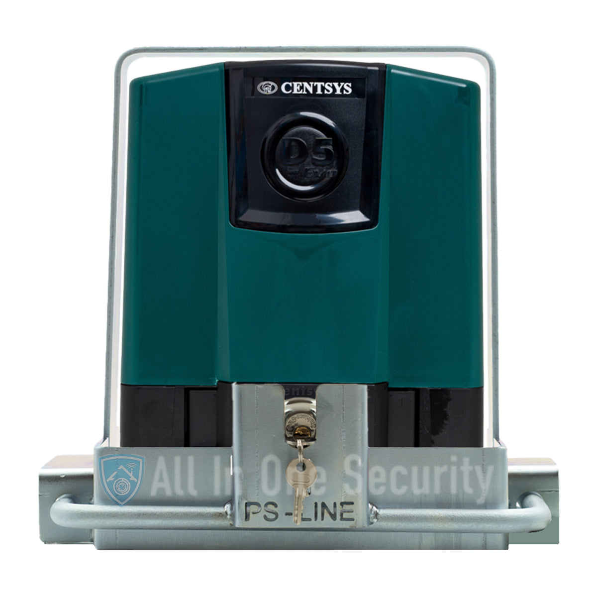 Centurion D5 Evo Old Model gate motor front view with Motorsafe anti-theft bracket including 60mm discus padlock fitted over the motor.