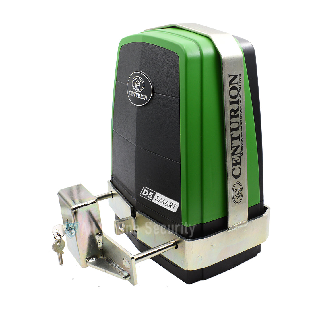 Centurion D5 Smart gate motor side view with anti-theft bracket and lock for enhanced gate security protection.
