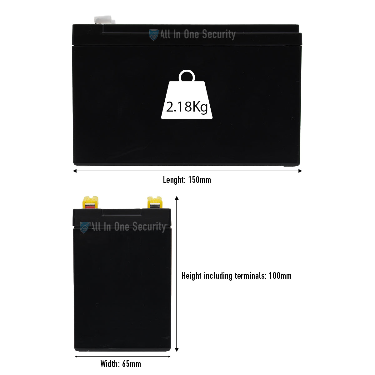 Centurion 12V 7Ah rechargeable sealed lead acid battery dimensions 150x65x100mm, weight 2.18kg, ideal for backup power use.