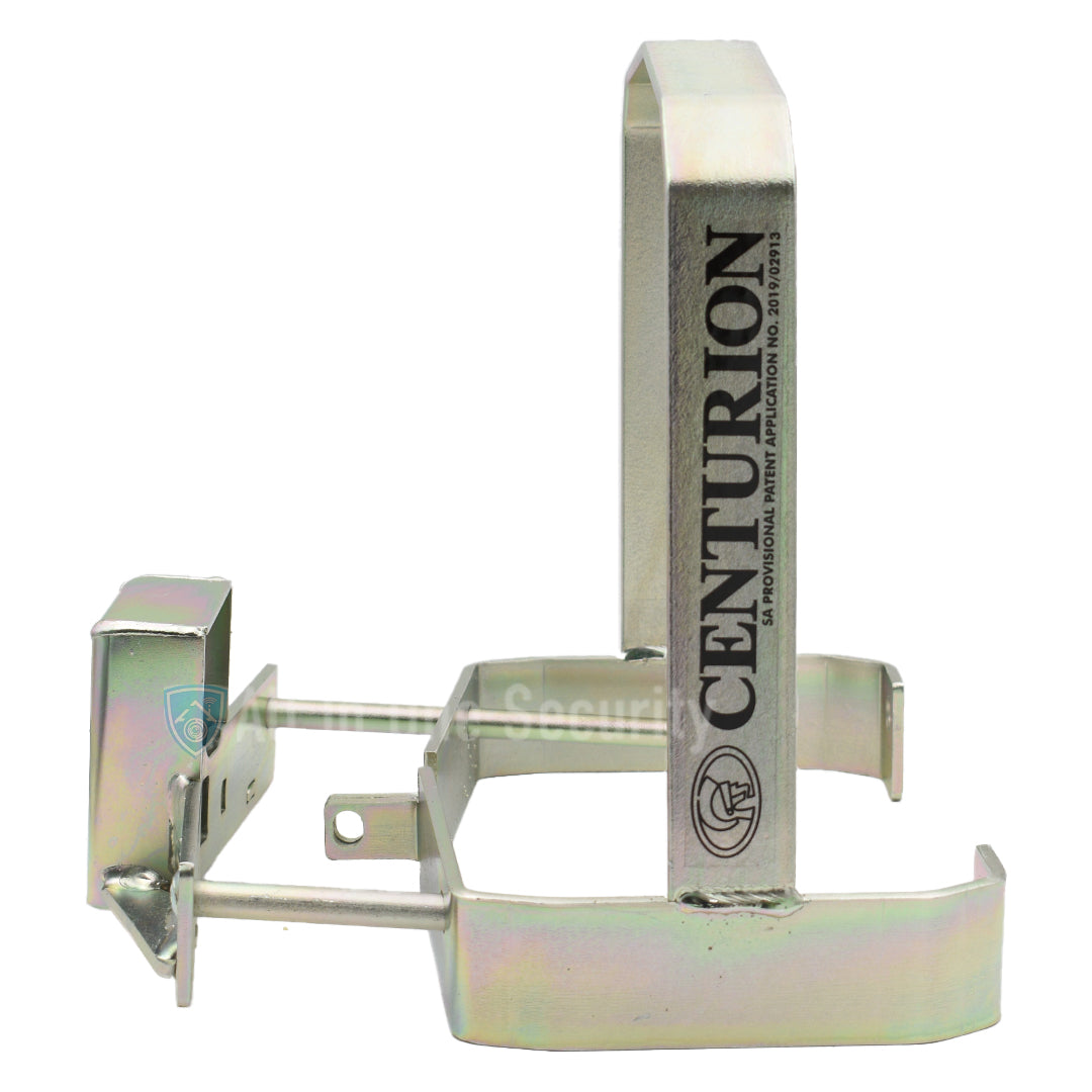 Centurion D3 Smart anti-theft bracket side view with open lock, designed for gate motor protection and security.