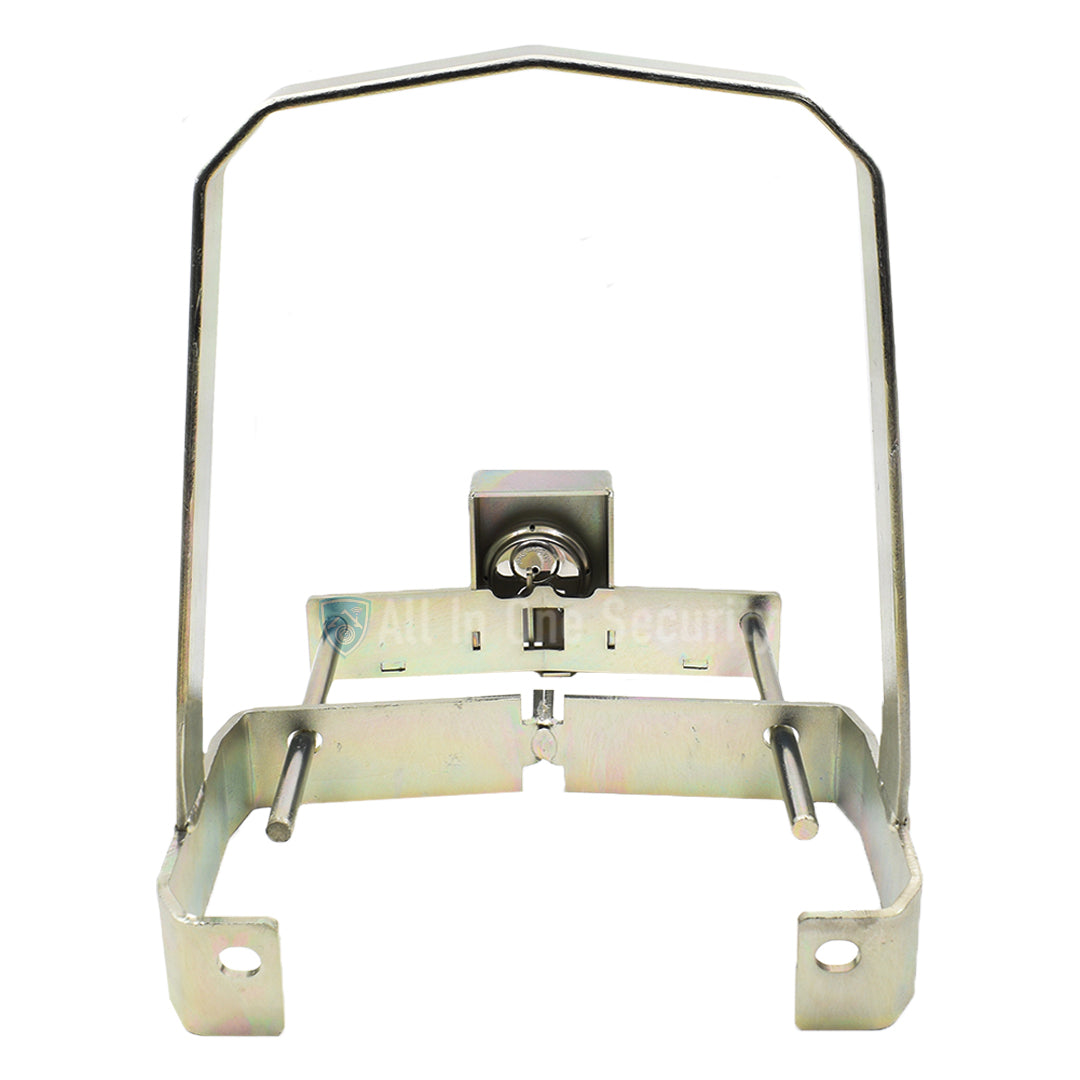 Back view showing secure lock mechanism and durable steel protection frame.