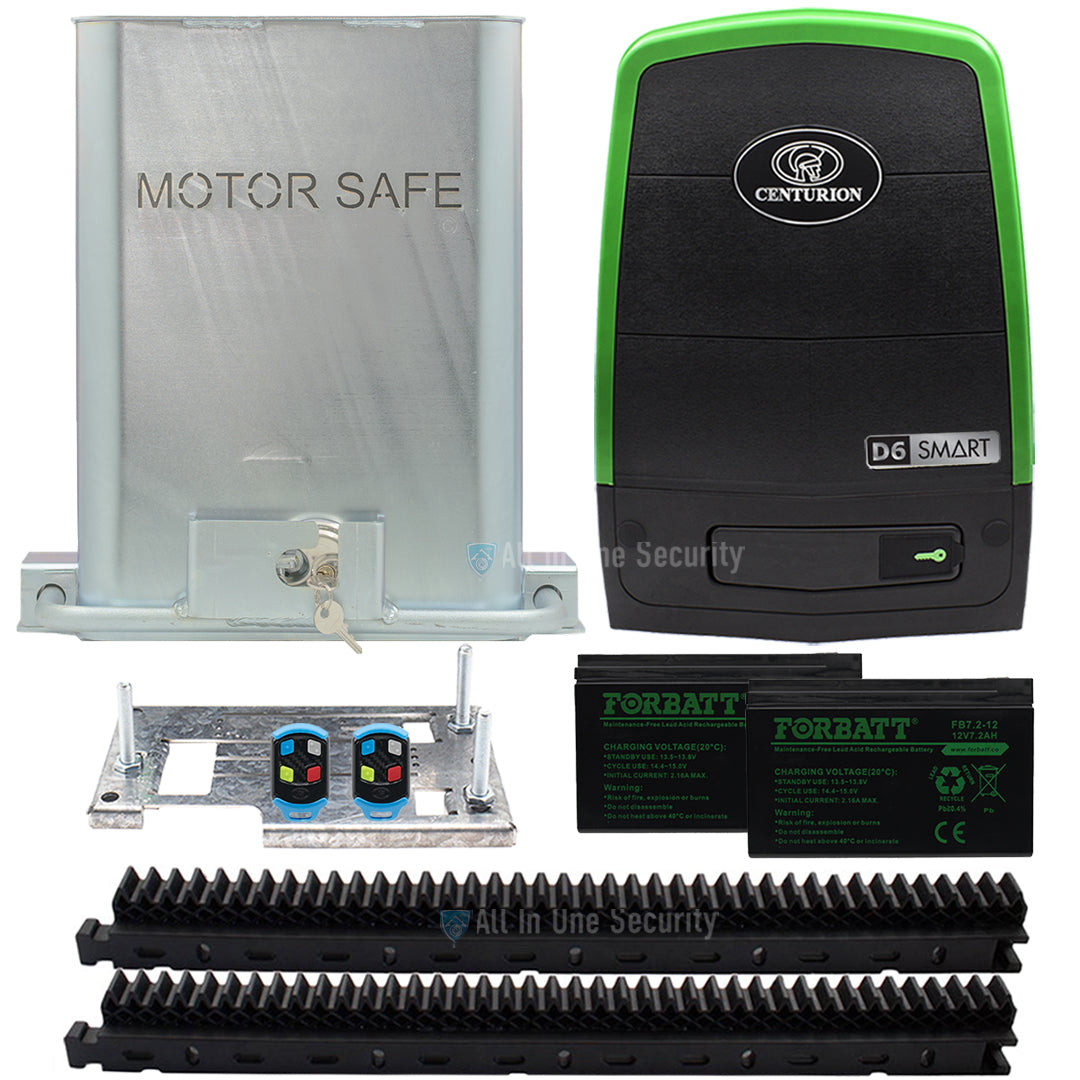 Centurion D6 Smart Sliding Gate Motor with two 4-button remotes, batteries, raz rack, baseplate and enclosed anti-theft bracket – All In One Security