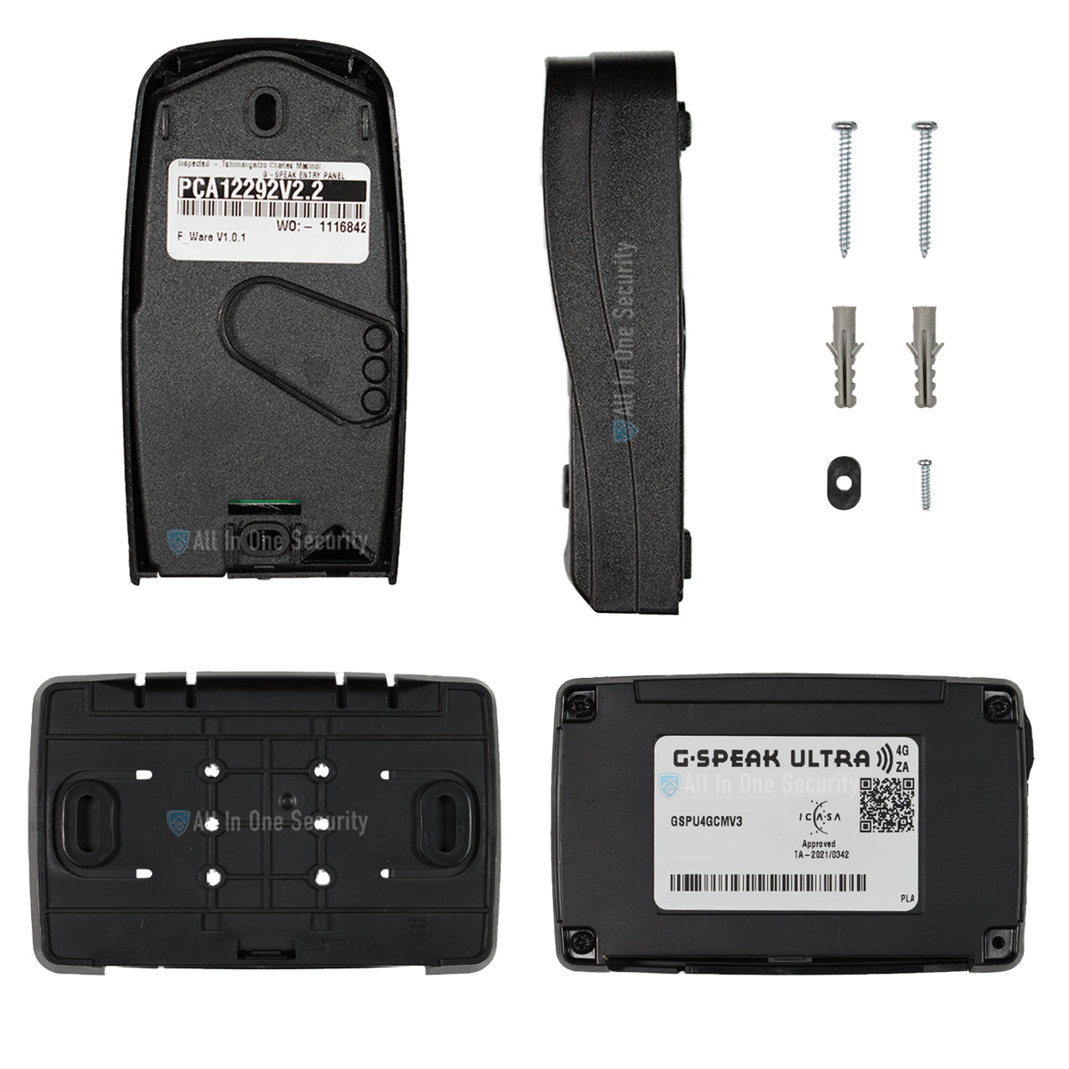 Back and side view of the gate station and control unit with mounting hardware.