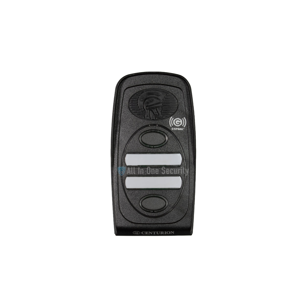 Centurion G-Speak Ultra 2-button black gate station remote control with white buttons, front view.
