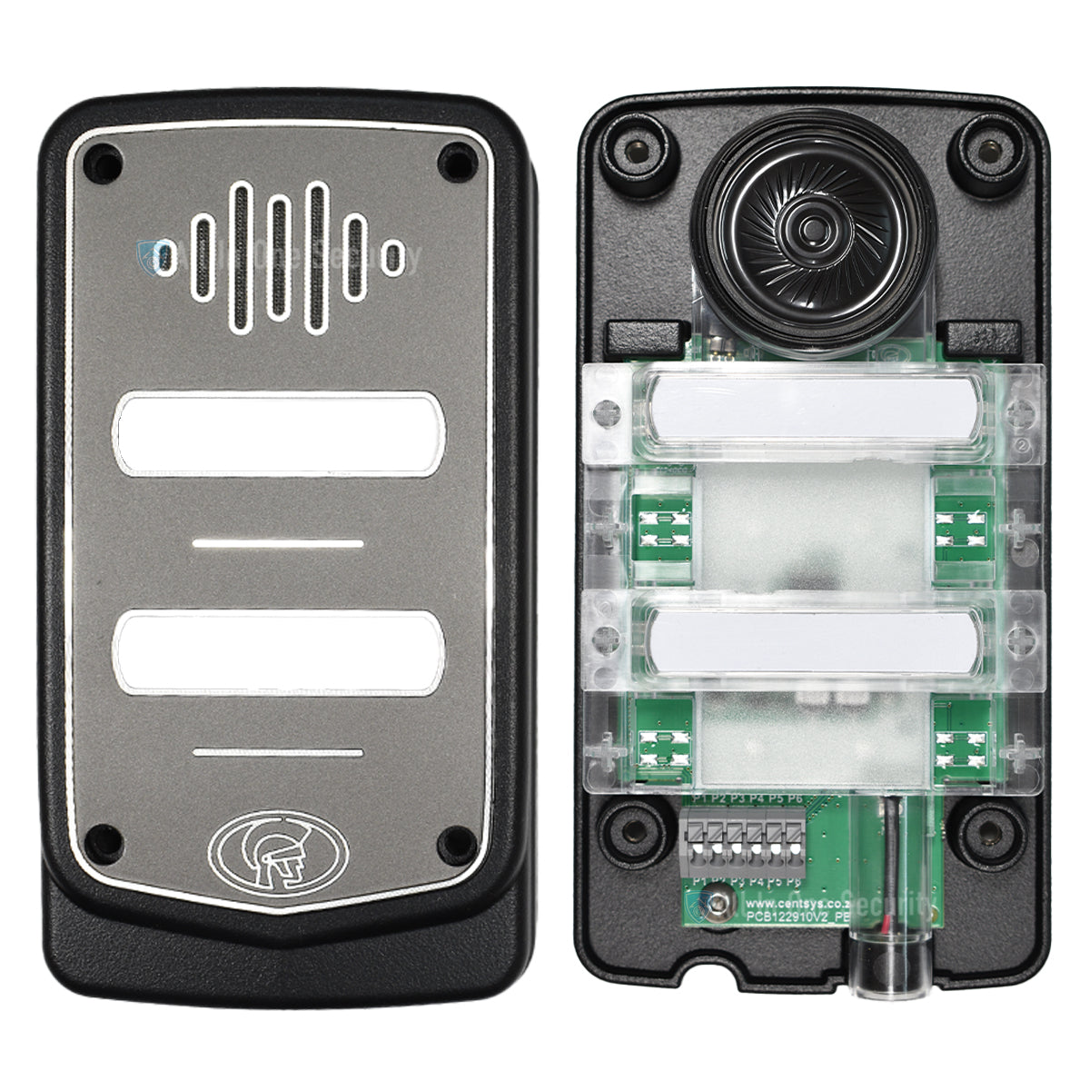 Inside view of Centurion G-Speak Ultra 2-button metal gate station showing internal components.