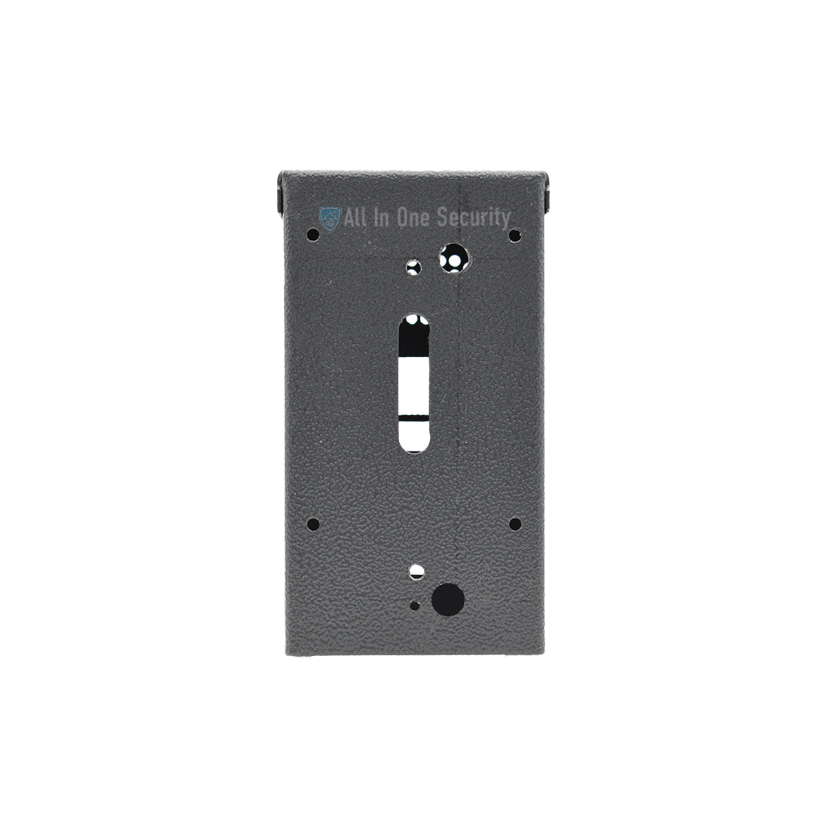 Back view, durable textured metal protective cover with mounting holes.