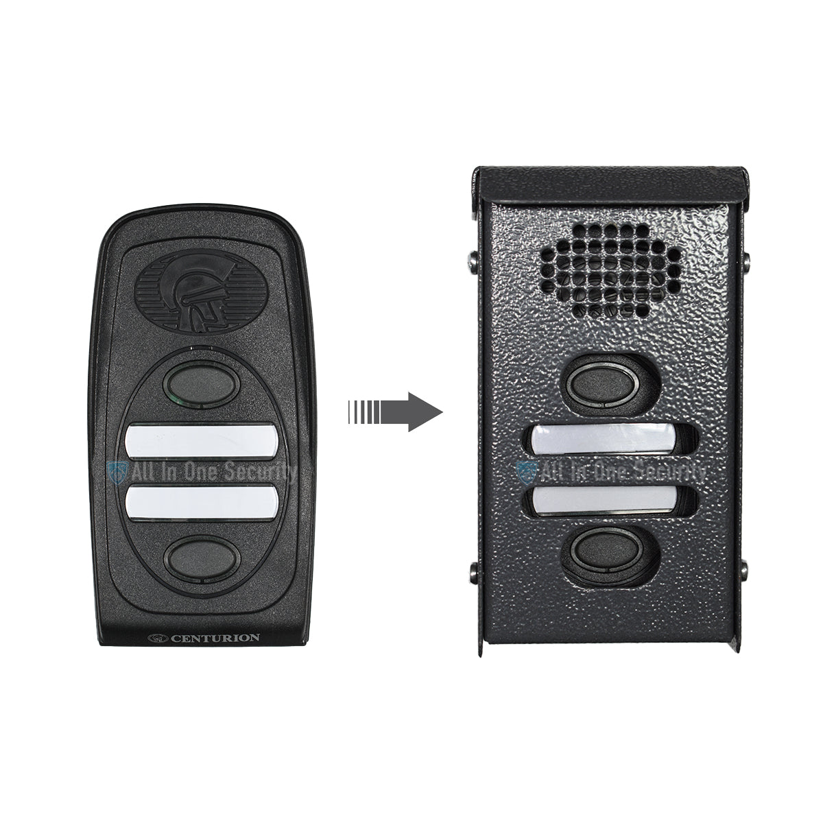 Centurion Polo 2 button gate station with rainshield, front view showing unit inside, black metal intercom system for security.