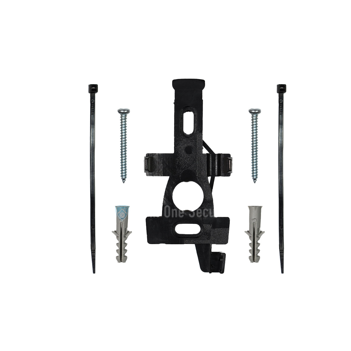 Fastening set with wall bracket, screws, wall plugs, and cable ties.