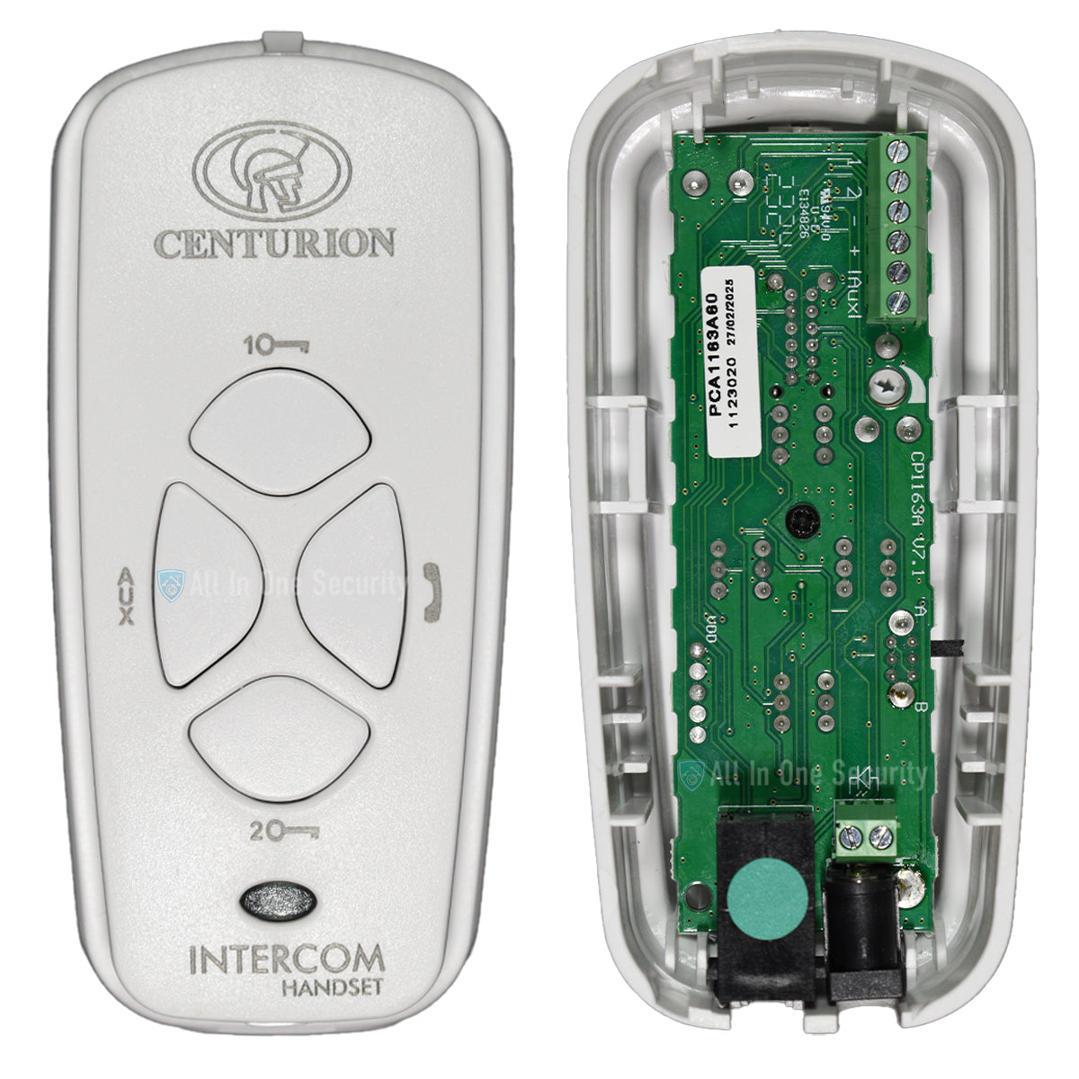 Centurion Polophone intercom handset inside and front view showing circuit board, control buttons, and white plastic casing.