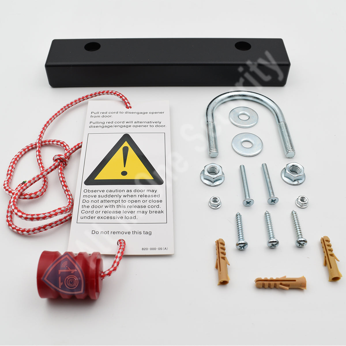 Fastener kit with U-bolt, screws, washers, and plugs.