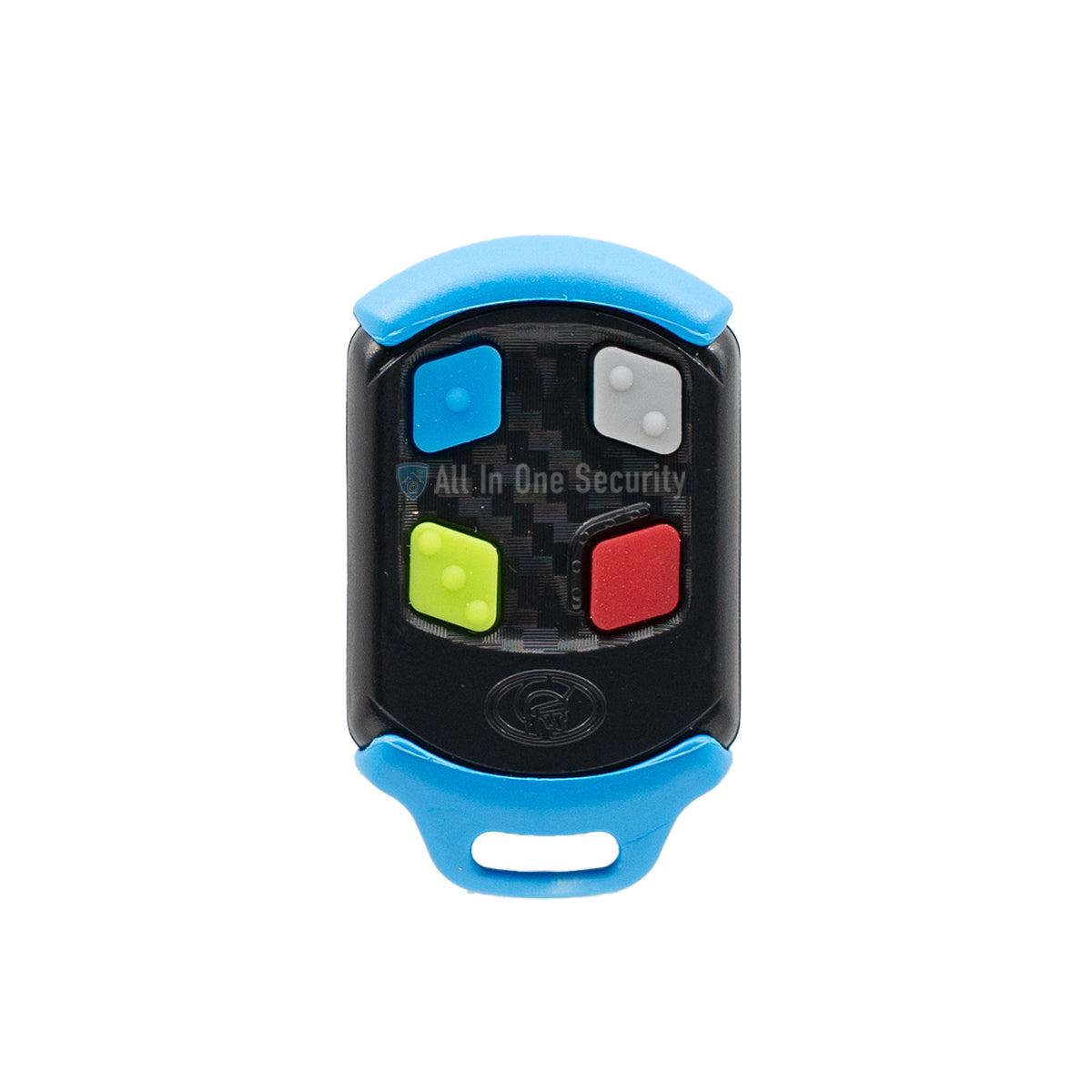 Centurion Nova 4-button remote control, front view of black and blue gate opener transmitter with colored buttons