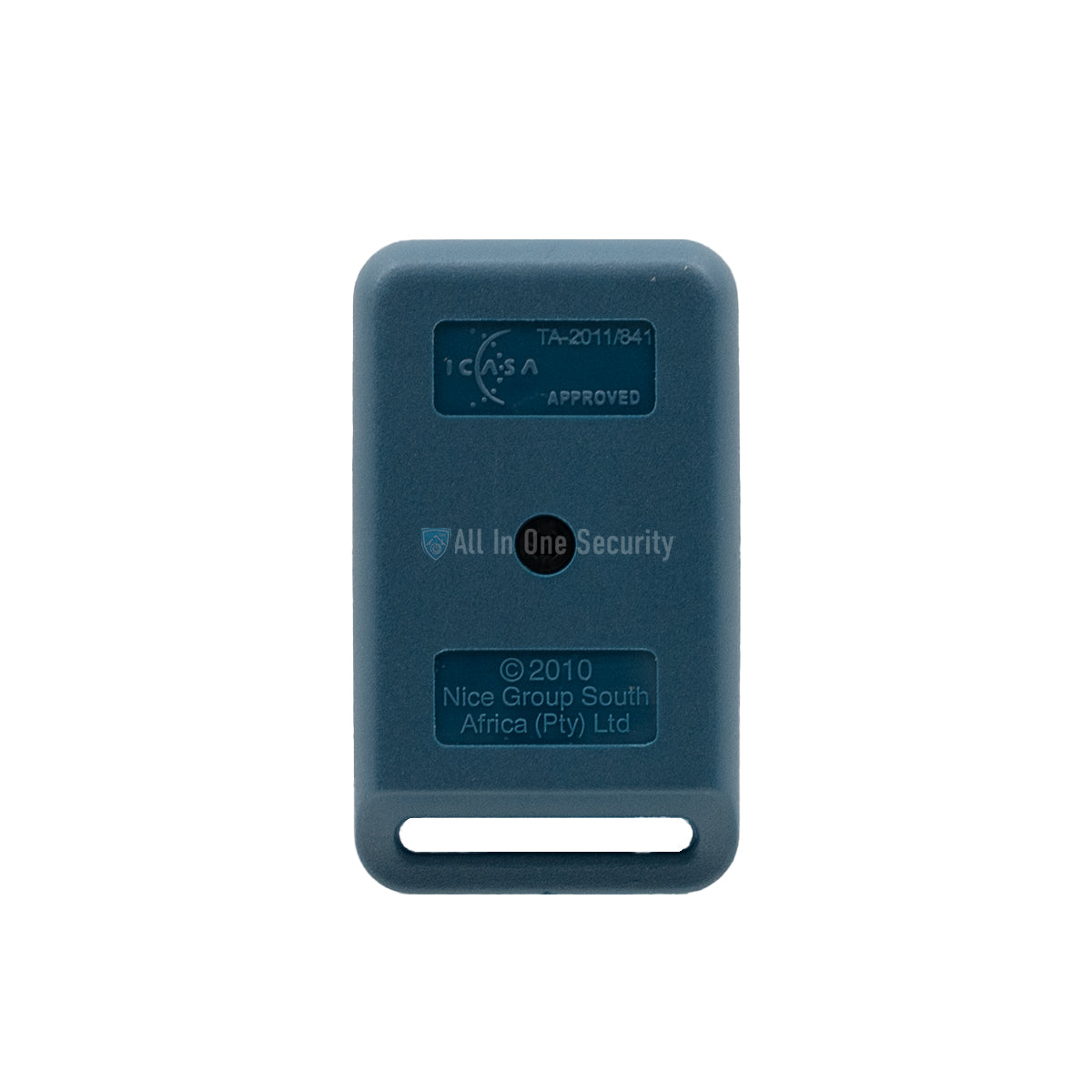 Blue 2-button remote control back view ICASA approved.