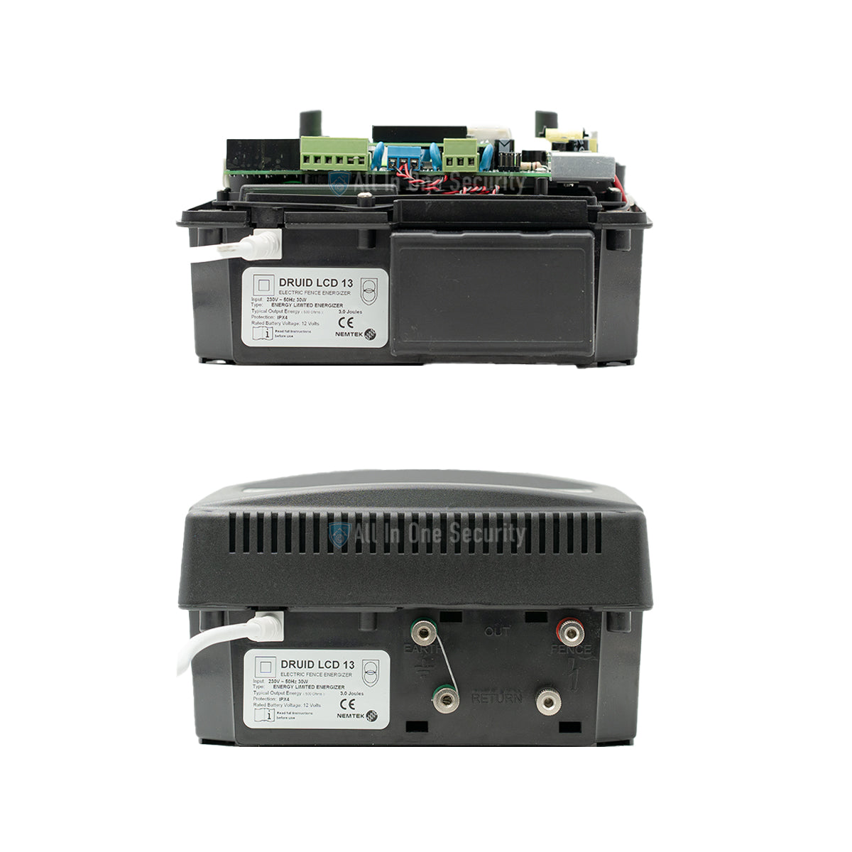Bottom view of Nemtek Druid LCD 13 electric fence energizer showing wiring ports.
