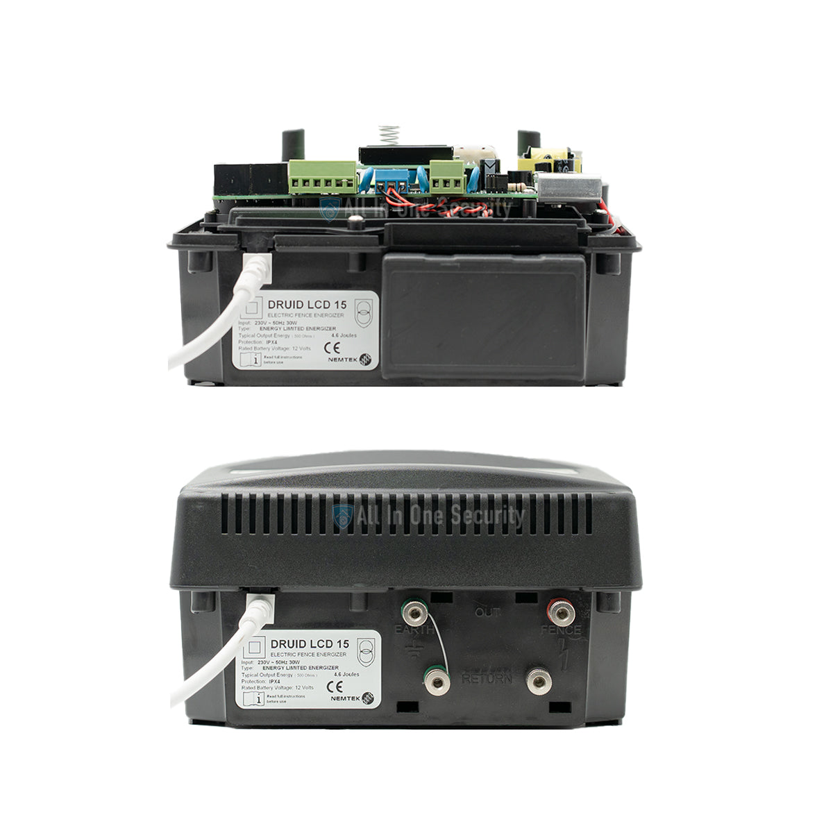 Nemtek Druid LCD 15 electric fence energizer bottom view showing wiring ports.