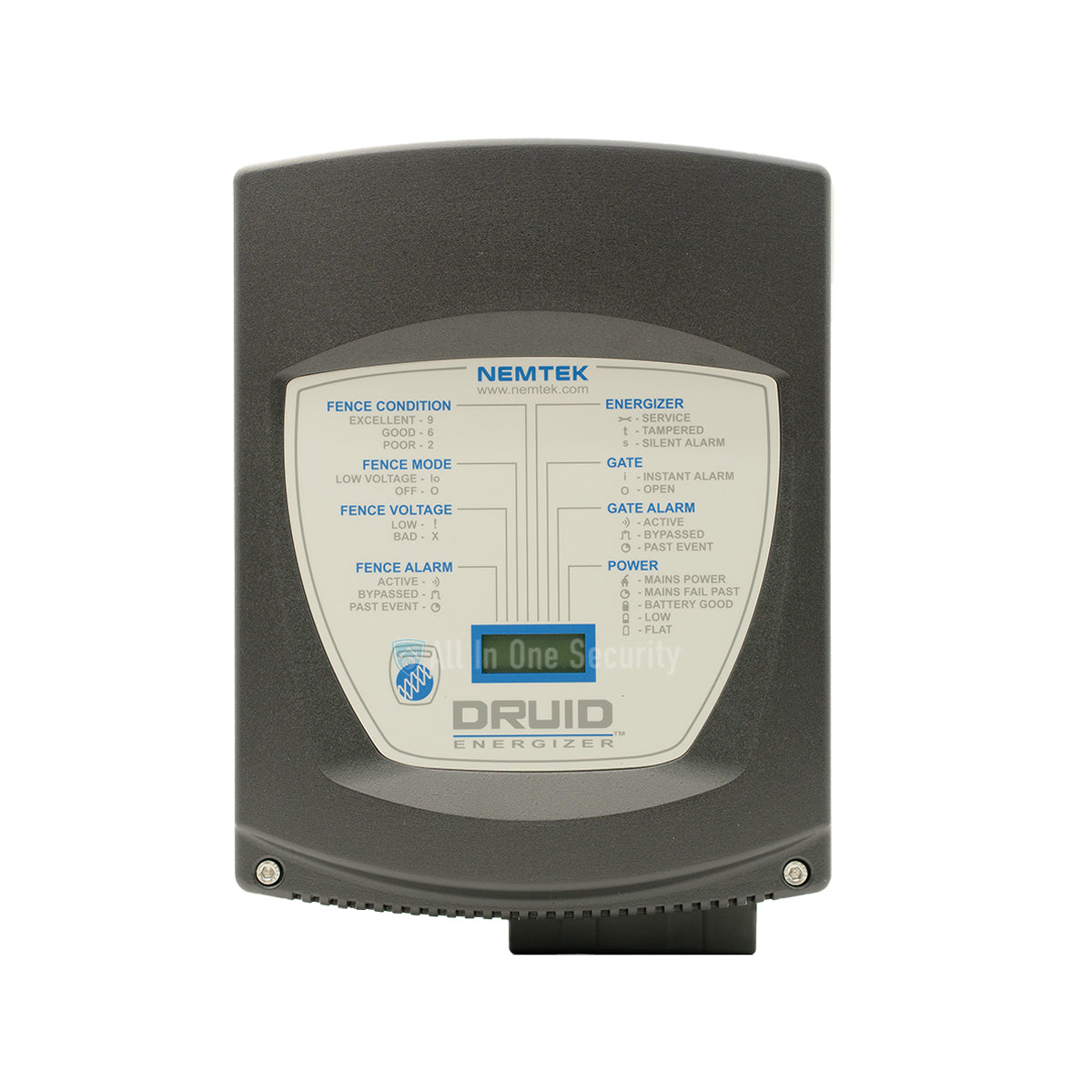 Front view of Nemtek Druid LCD 15 electric fence energizer showing LED indicators.