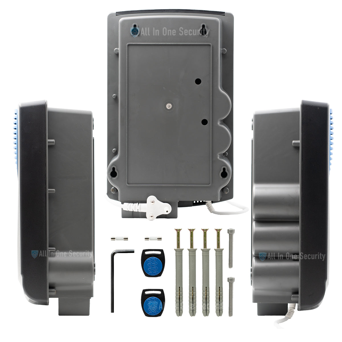 Back and side views of Nemtek Merlin Stealth M18S energizer with mounting accessories.