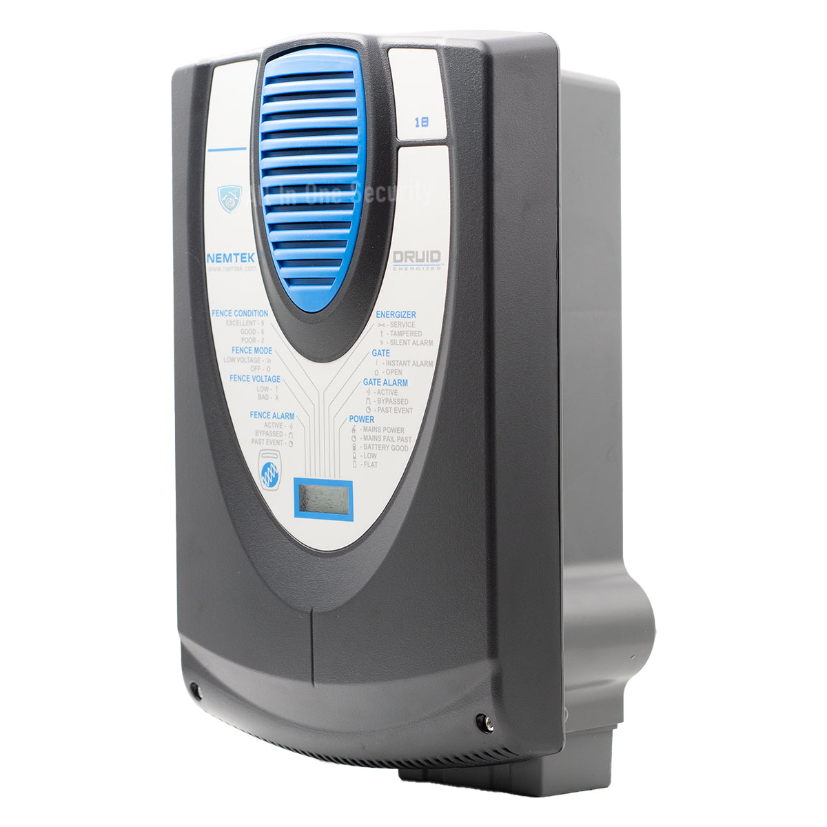 Side angle view of Nemtek Druid LCD 18 electric fence energizer.