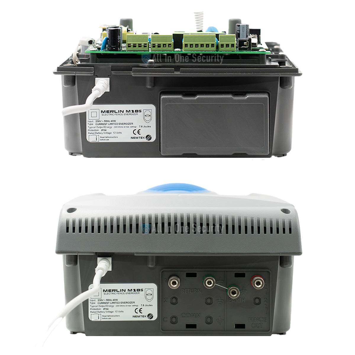 Nemtek Merlin Stealth M18S energizer bottom showing wiring terminals and input ports.