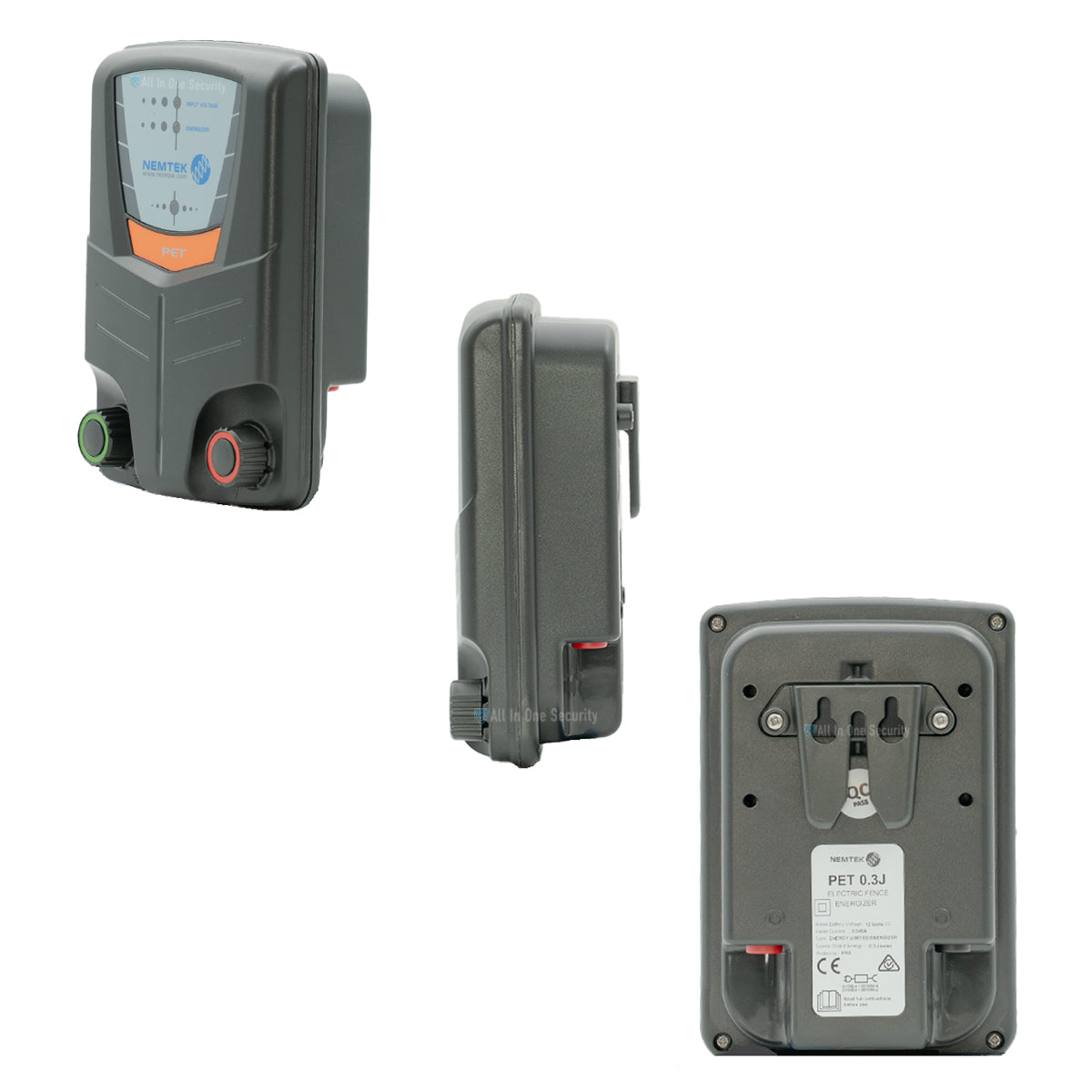 Nemtek Pet 3km Energizer from Petstop kit Front, Side and Back Views with mounting points and connection terminals.