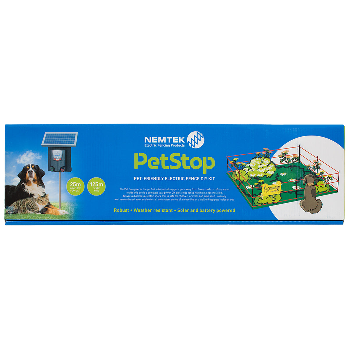 Nemtek PetStop pet-friendly electric fence DIY kit packaging box on a white background