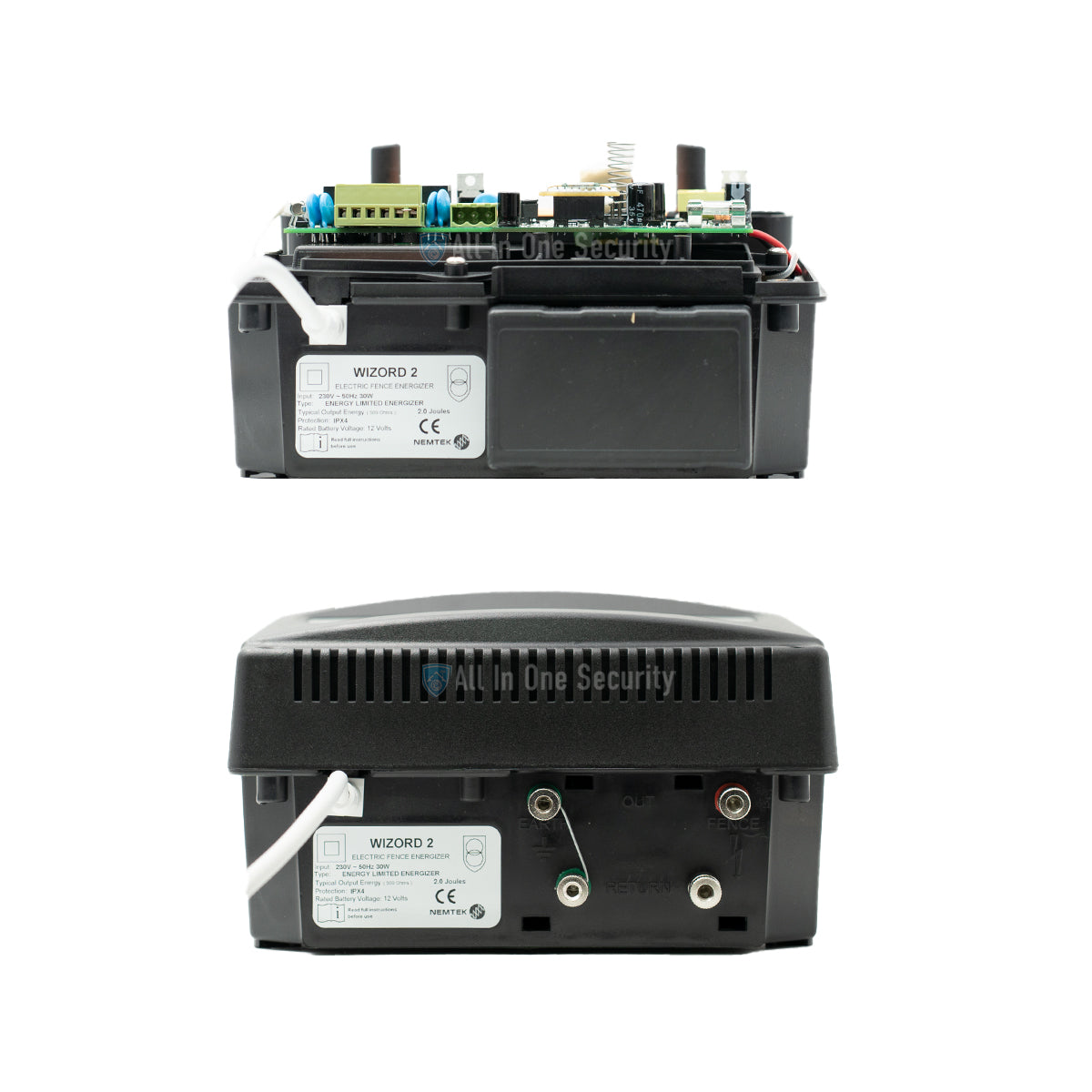 Nemtek Wizord 2i Electric Fence Energizer bottom view showing connection terminals.