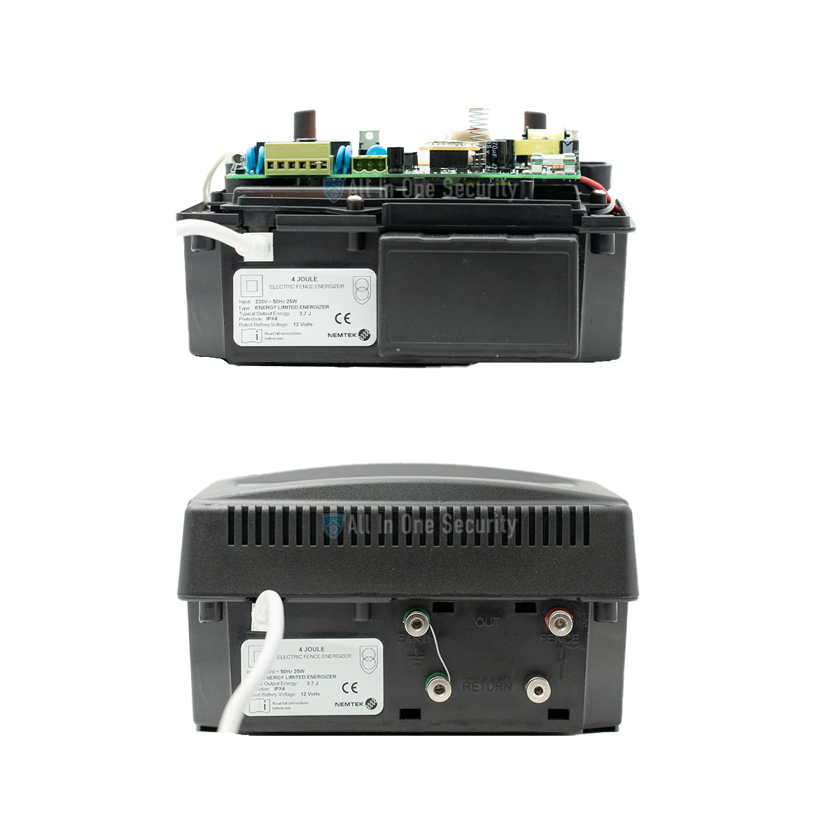 Nemtek Wizord 4i Electric Fence Energizer, 4 Joule, 230V, 12V battery compatible, front and bottom views.