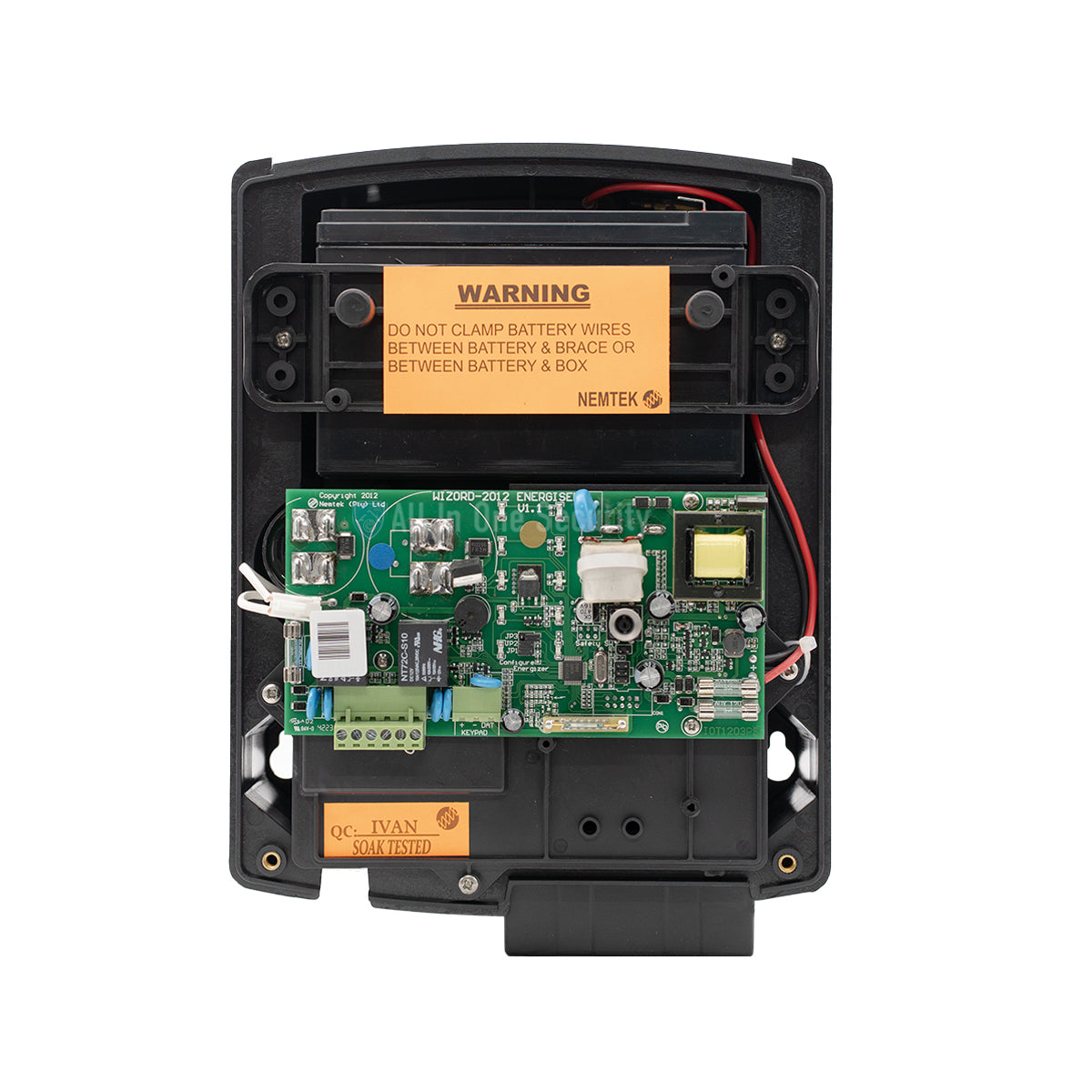 Internal view of Nemtek Wizord 4i electric fence energizer.