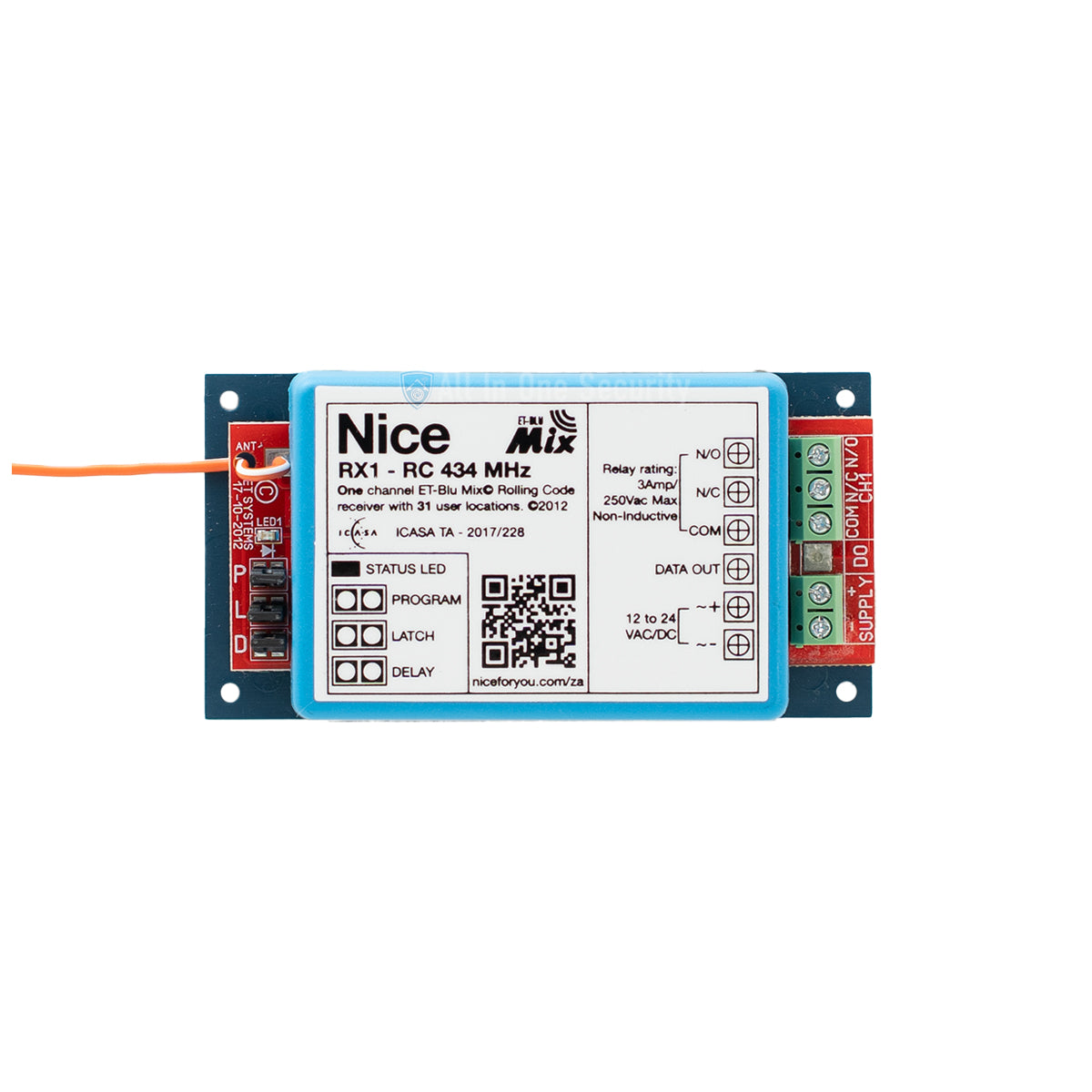 Nice ET Blu Mix 1 channel receiver front view with labelled connections, status indicators, and wiring terminals for automation systems.