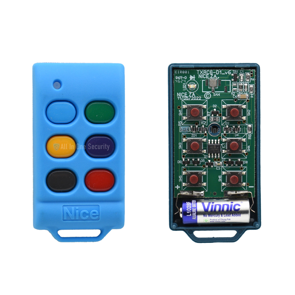 Inside view of Nice ET Blu Mix 6-button remote and showing button layout.