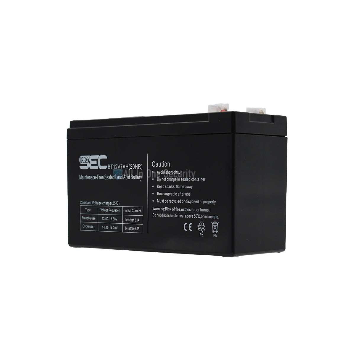 ProSec 12V 7Ah sealed lead acid rechargeable battery, left front angle view, ideal for backup power and security systems.