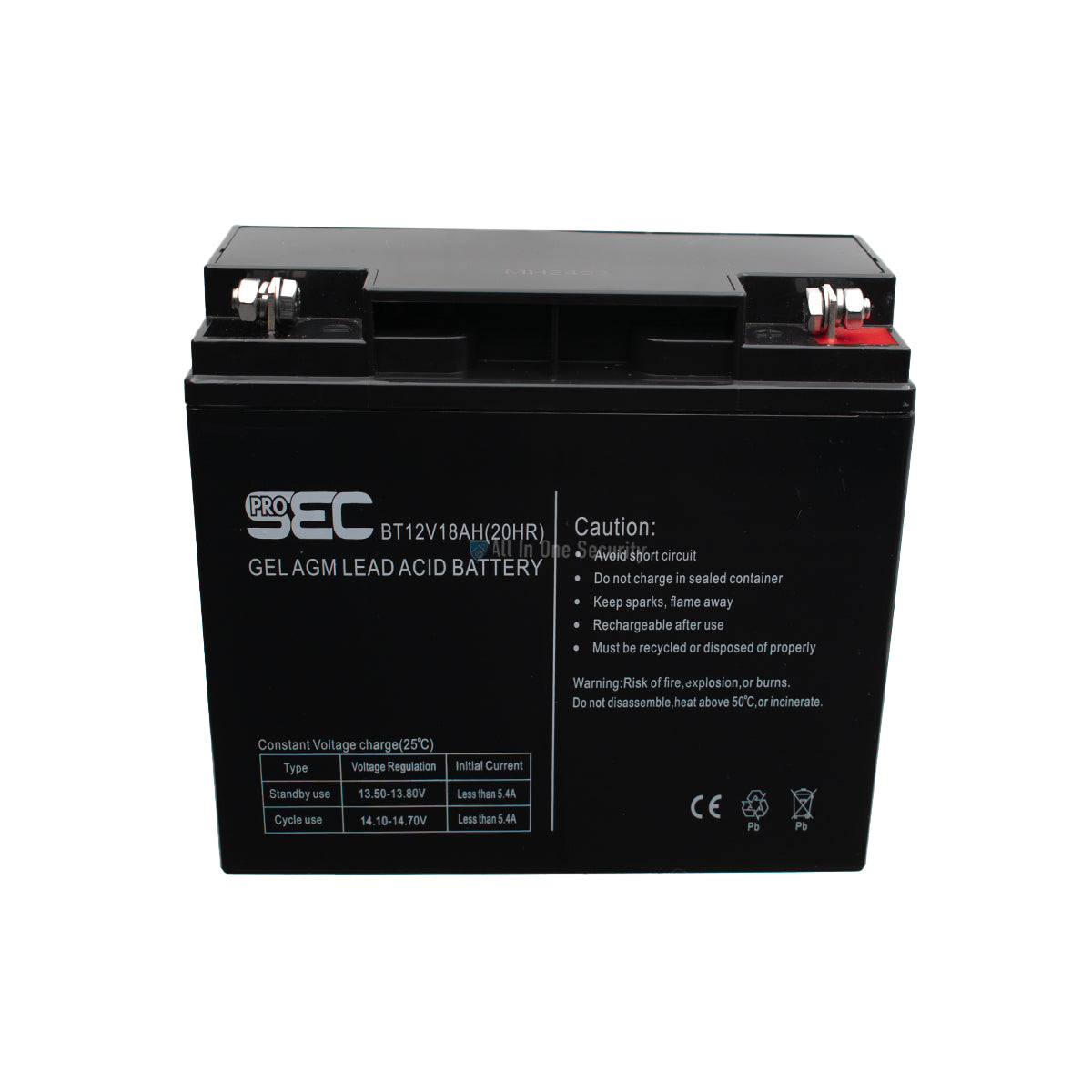 ProSec 12V 18Ah gel AGM lead-acid rechargeable battery, front top angle view for solar, UPS, and backup power use