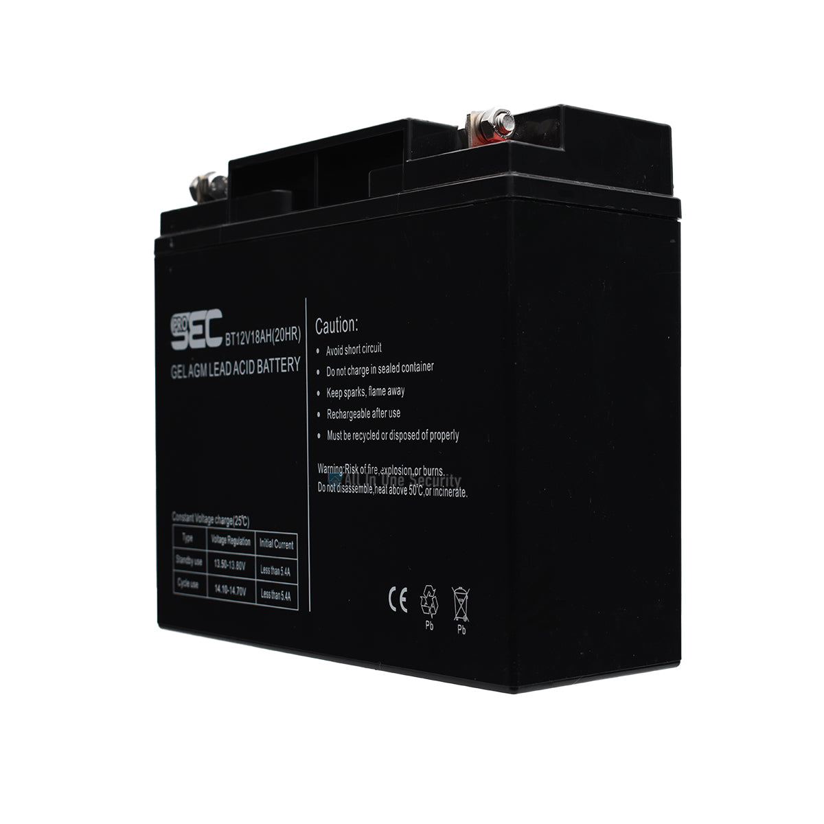 ProSec 12V 18Ah gel AGM lead-acid rechargeable battery, black casing, left angle view for solar and UPS systems