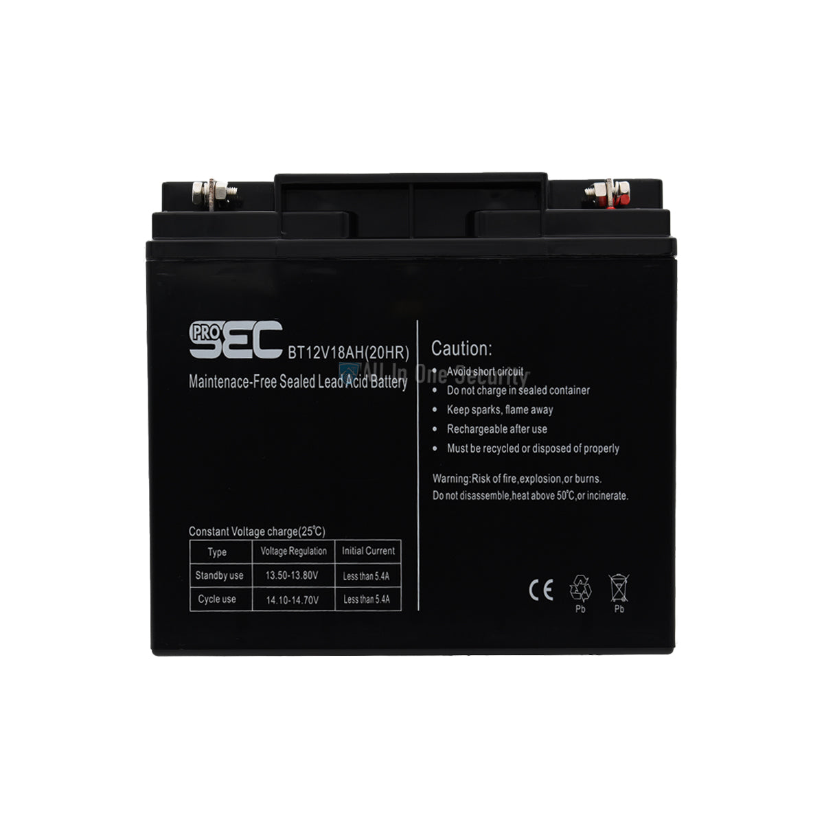 ProSec 12V 18Ah maintenance-free sealed lead acid battery, rechargeable power supply front view
