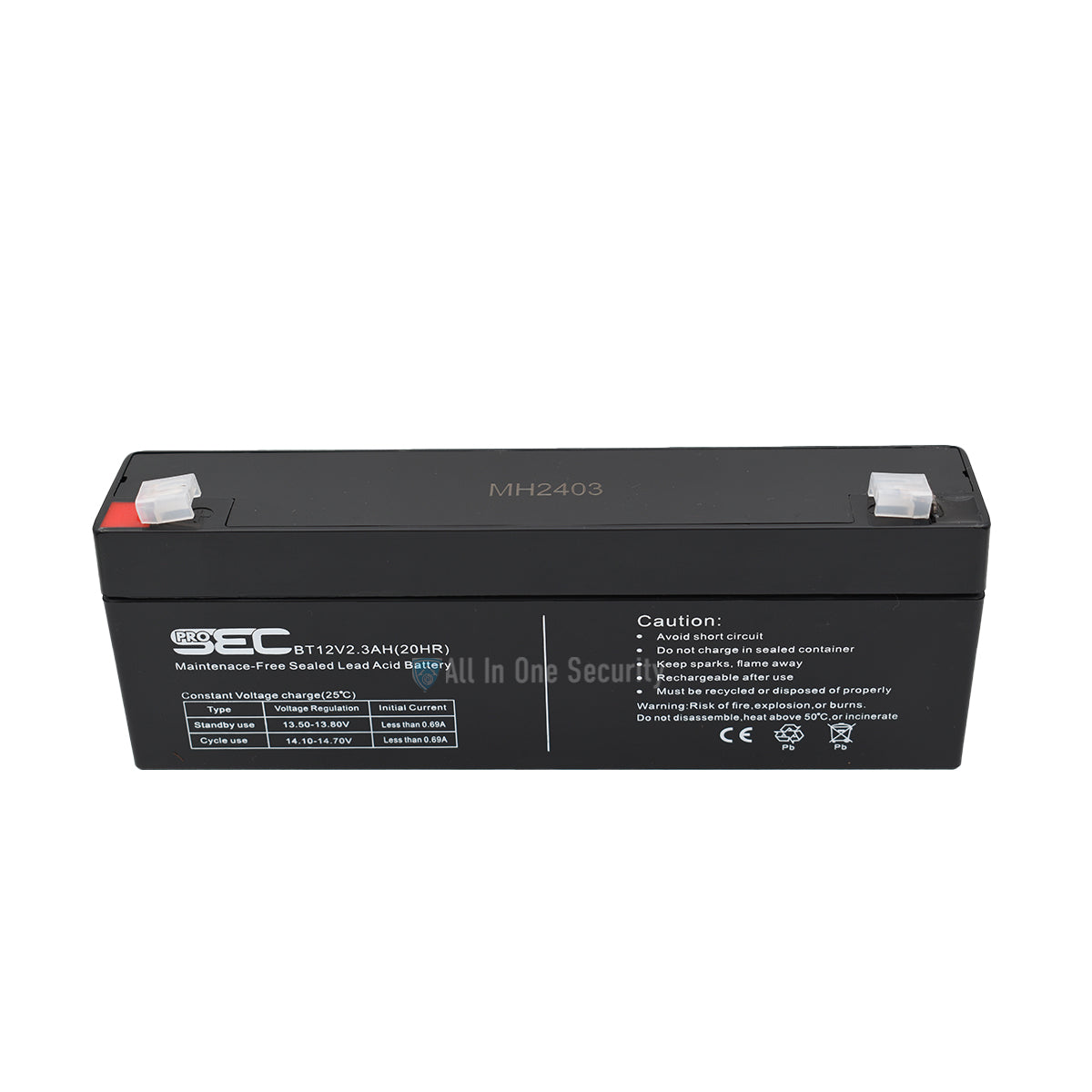 ProSec 12V 2.3Ah sealed lead acid rechargeable battery front top angle view showing label, terminals, and safety details