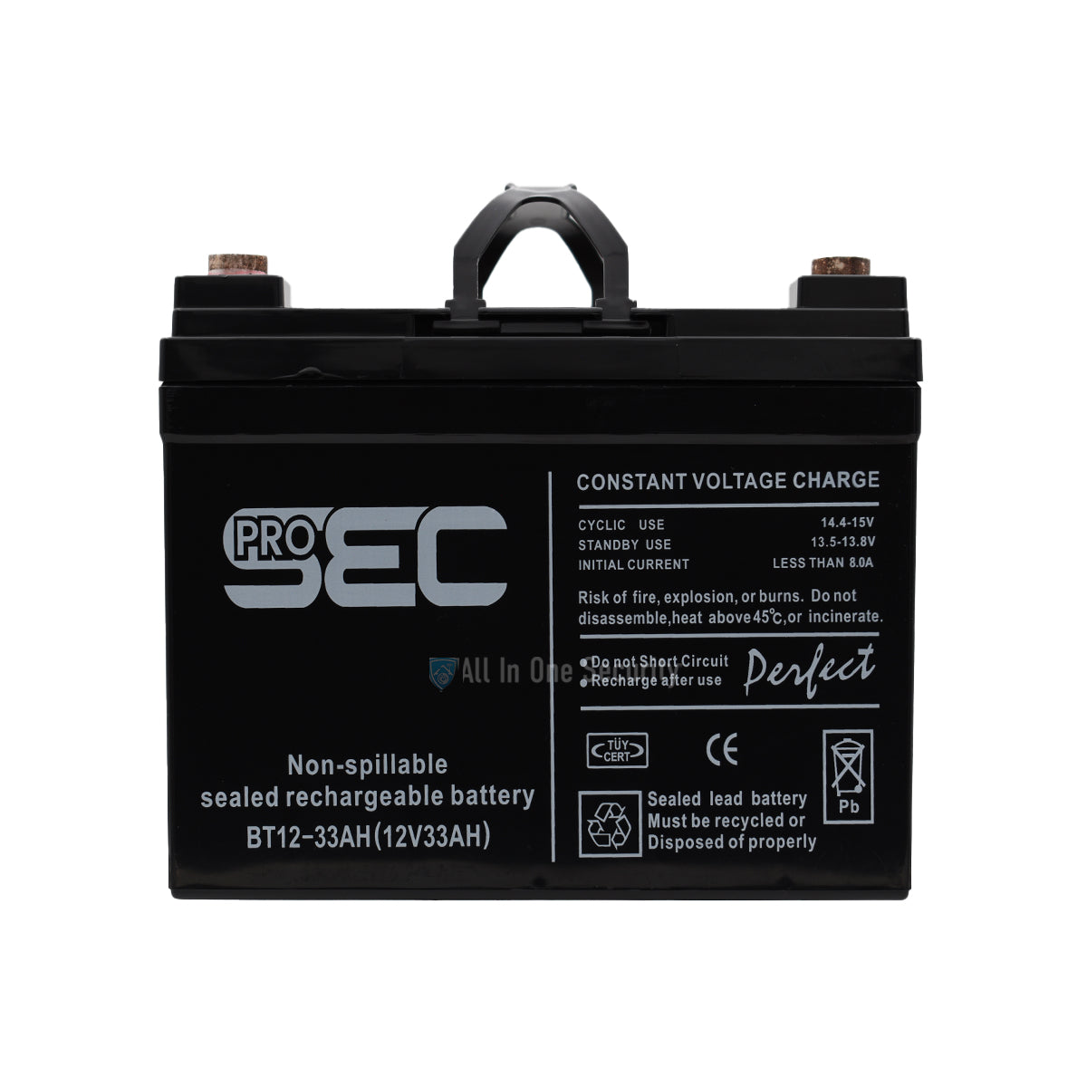 Front view of ProSEC 12V 33Ah sealed lead acid rechargeable battery, ideal for backup power, solar, UPS, and energy storage systems