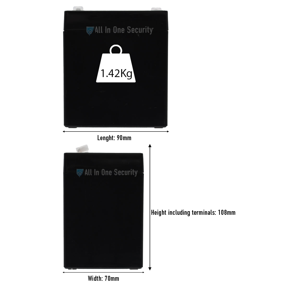 ProSec 12V 4.5Ah rechargeable SLA battery dimensions showing 90mm length, 70mm width, 108mm height, and 1.42kg weight