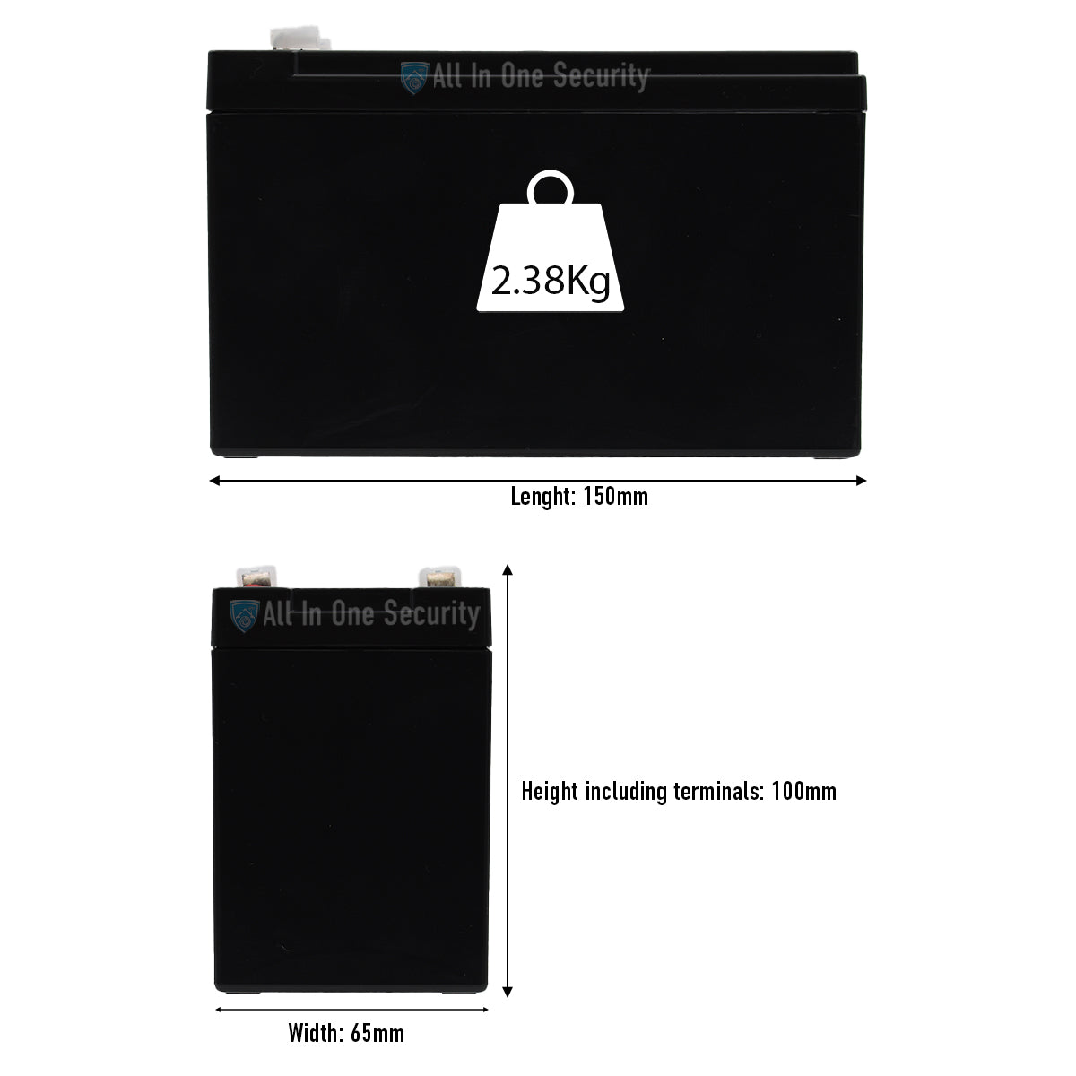 ProSec 12V 8Ah rechargeable gel battery dimensions diagram showing 150mm length, 65mm width, 100mm height, 2.38kg weight