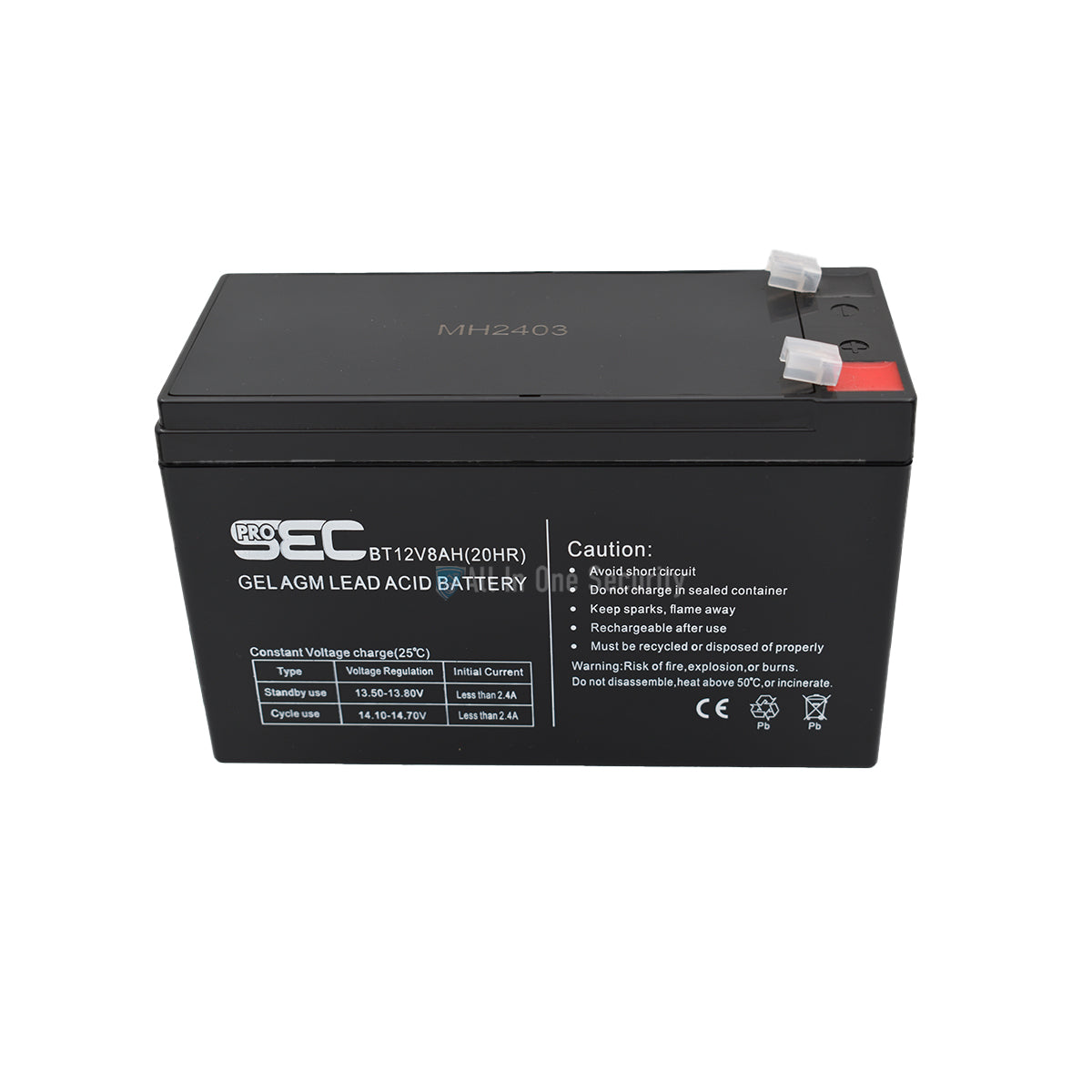 ProSec 12V 8Ah rechargeable GEL AGM lead acid battery front top angle view, compact maintenance-free backup power source.