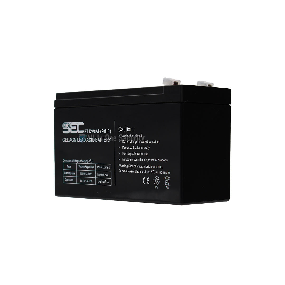 ProSec 12V 8Ah GEL AGM lead acid battery left front angle view, maintenance-free rechargeable battery for backup power.