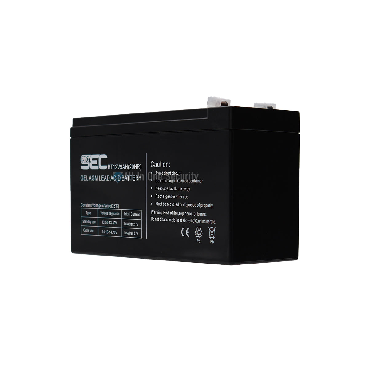 ProSec 12V 9Ah GEL AGM lead acid battery, black maintenance-free rechargeable power unit left front angle view